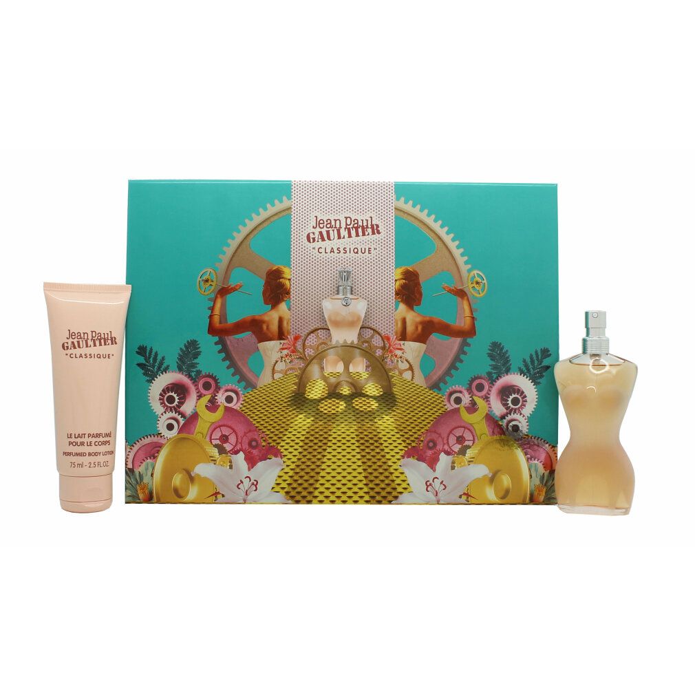 Geschenkset von Jean Paul Gaultier Classique. Enthält Parfümflakon, Körperlotion und Geschenkbox mit Logo und Illustrationen.