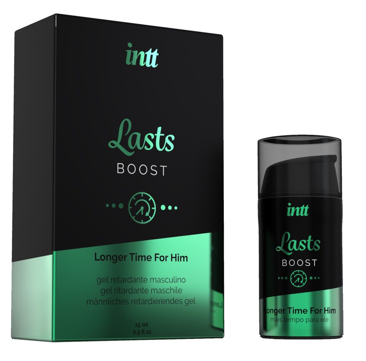 Produkt und Verpackung. Schwarze Schachtel und Flasche. Aufschrift: INTT, Lasts Boost, Longer Time For Him. Mit Dosierkopf.