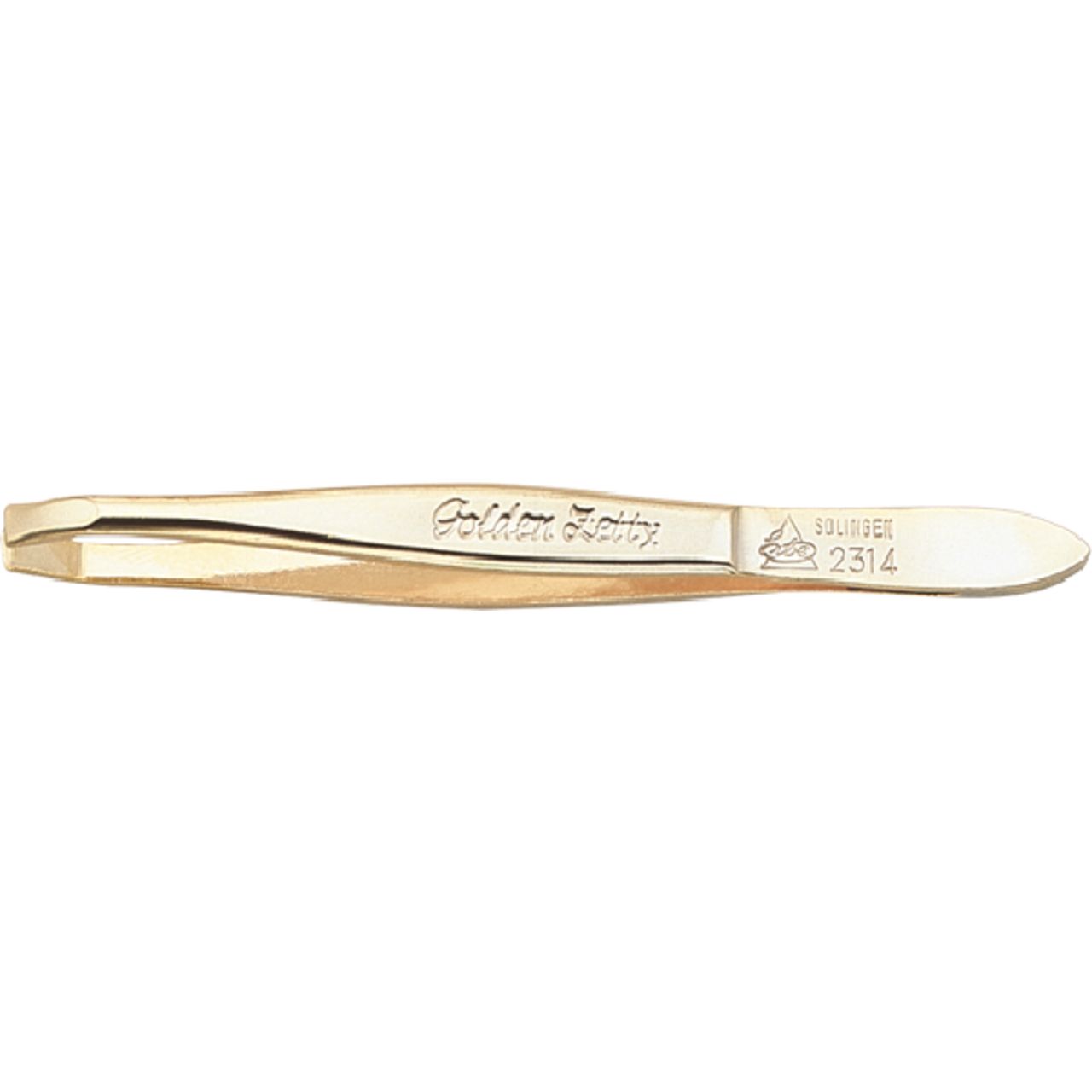 Goldfarbene Pinzette mit Aufschrift 'Golden Zetty' und Logo.