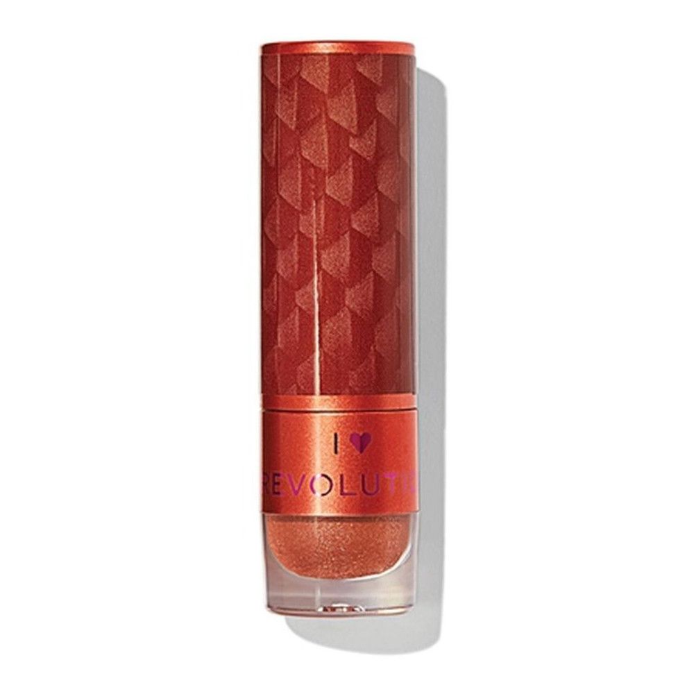 Lippenstift in rot-goldener Hülse. Geometrisches Muster auf dem Deckel. Unterteil mit Produkt und Schriftzug.