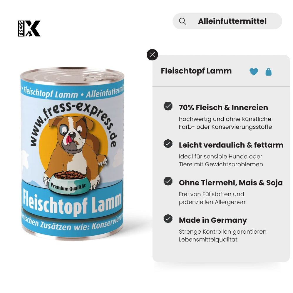 Hundefutter-Dose, Fleischtopf Lamm, mit Hund-Illustration. Blaue und weiße Beschriftung. www.fress-express.de. Produktinformationen.