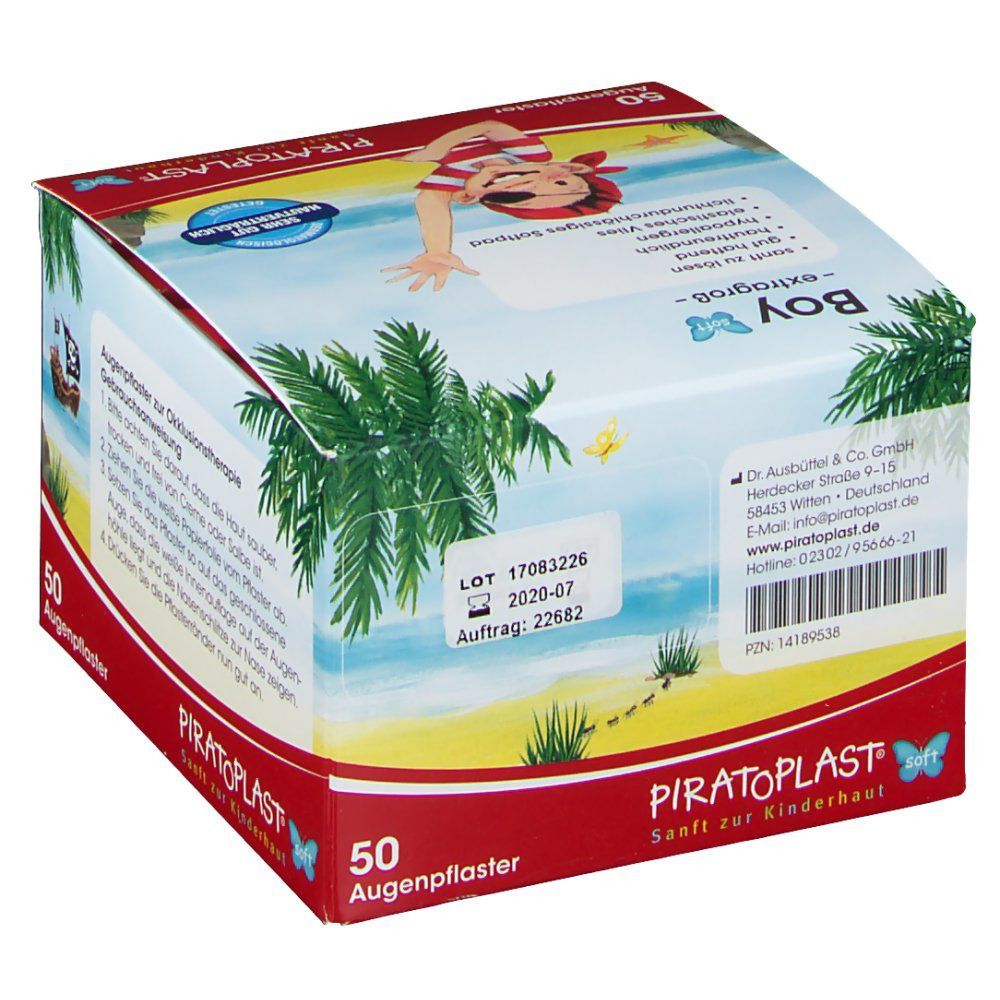 PIRATOPLAST® Boy extragroß-Verpackung. Enthält 50 Augenpflaster. Aufdrucke: Logo, Produktname, Illustration eines Piratenjungen, Text in Deutsch.