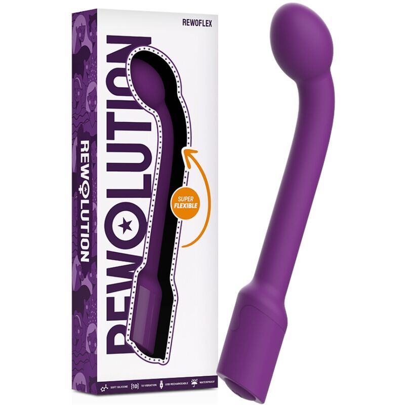 Lila Vibrator neben Verpackung. Verpackung mit Produktbild und Schriftzug "REWOLEX".