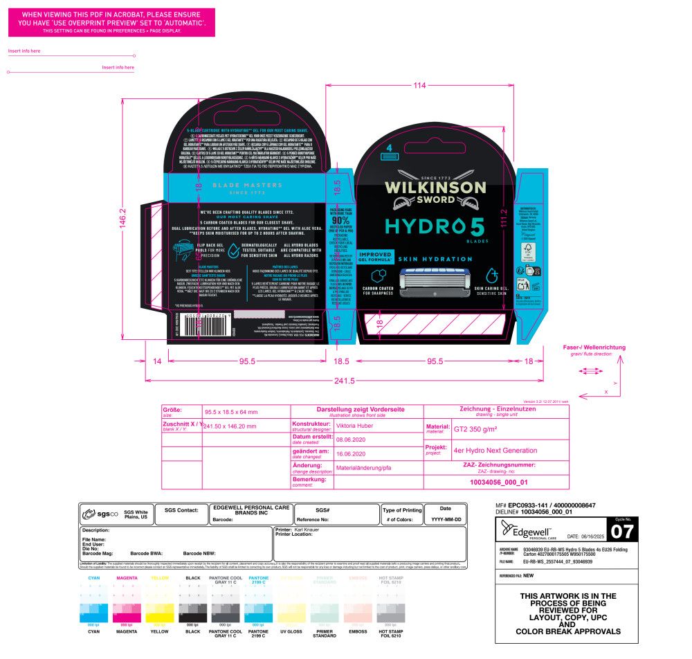 Verpackungsdesign für Wilkinson Sword Hydro 5 Klingen. Enthält technische Zeichnungen und Druckinformationen.
