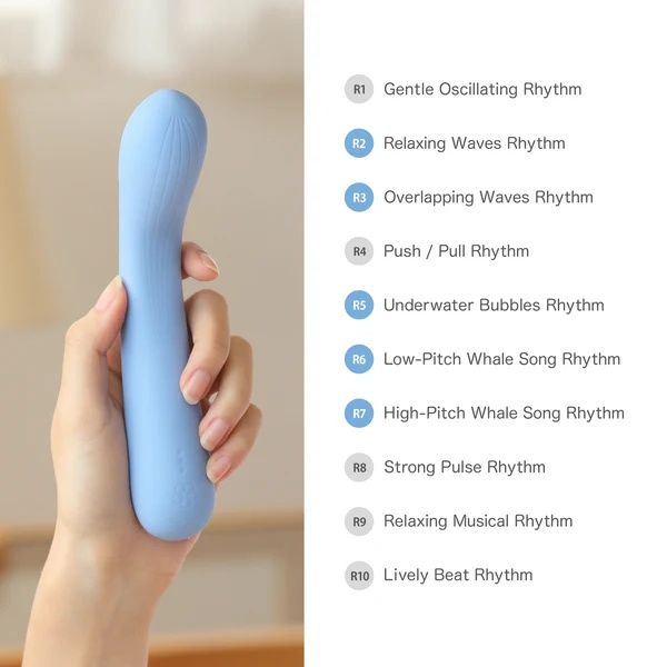 Hellblaues Wellness-Produkt in Hand. Text: 10 Vibrationsmuster. Beschreibungen der Muster.