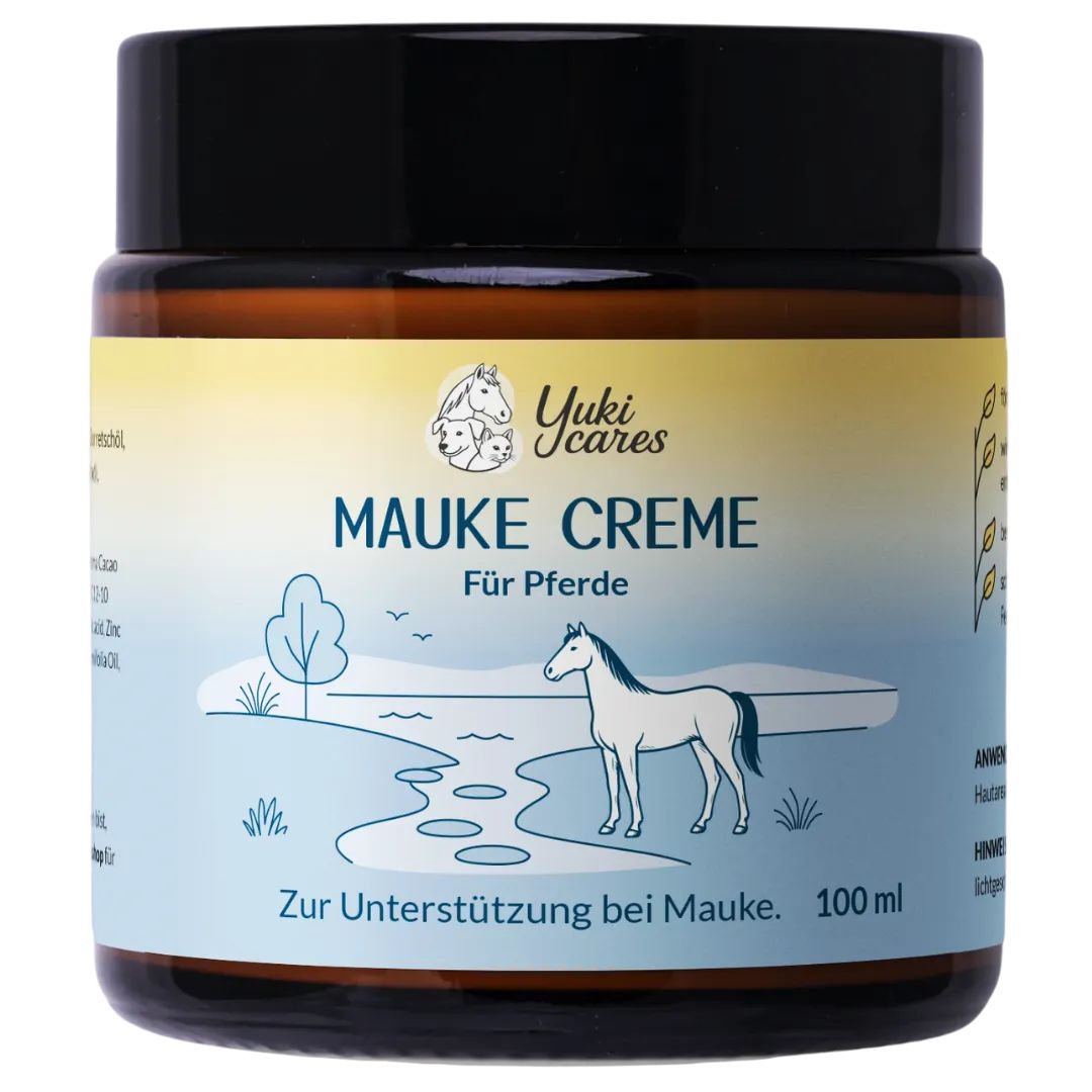 Braunes Glas mit schwarzem Deckel. Aufschrift: Mauke Creme für Pferde. Logo: Yuki cares. Text: Zur Unterstützung bei Mauke.