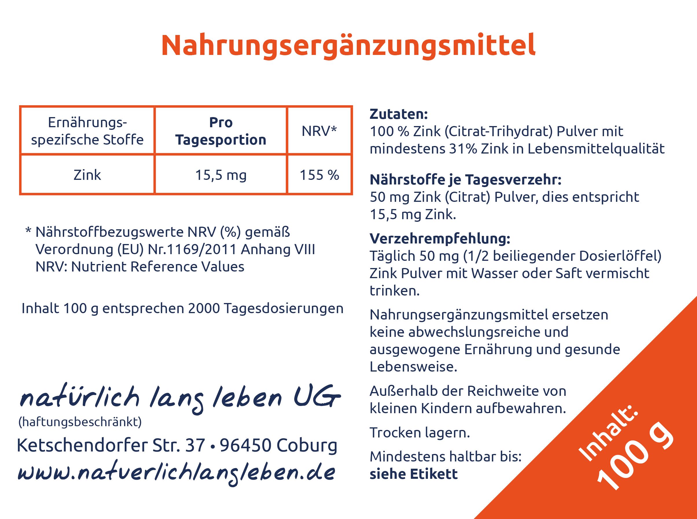 Etikett mit Nährwertangaben und Text. Enthält Informationen zu Zink. "natürlich lang leben" und "100 g" Text.
