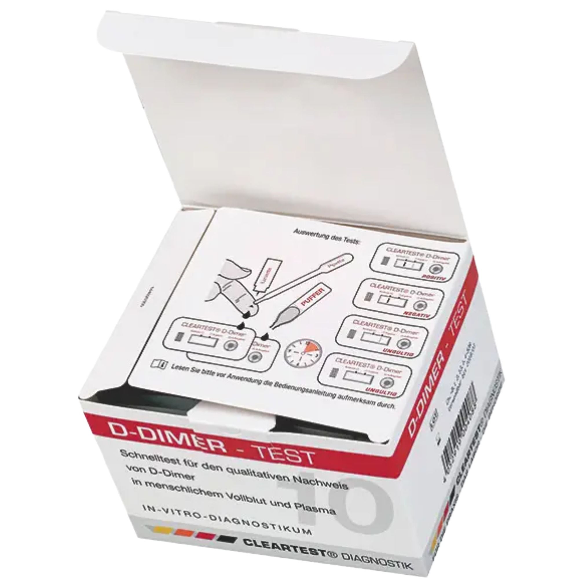 Geöffnete Packung Cleartest D-Dimer-Test. Anleitung und Testkassette sichtbar. Aufdrucke: D-DIMER-TEST, IN-VITRO-DIAGNOSTIKUM, Cleartest Diagnostik.