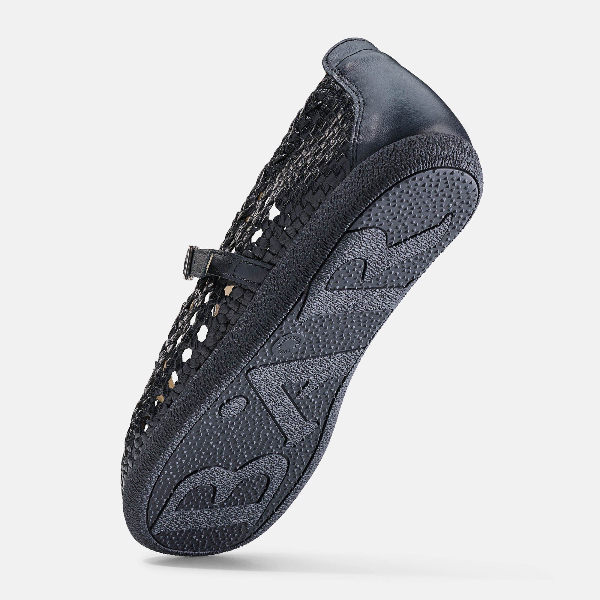 Schwarze Damen-Slipper-Sohle. Profilierte Sohle. BÄR-Logo. Seitenansicht.