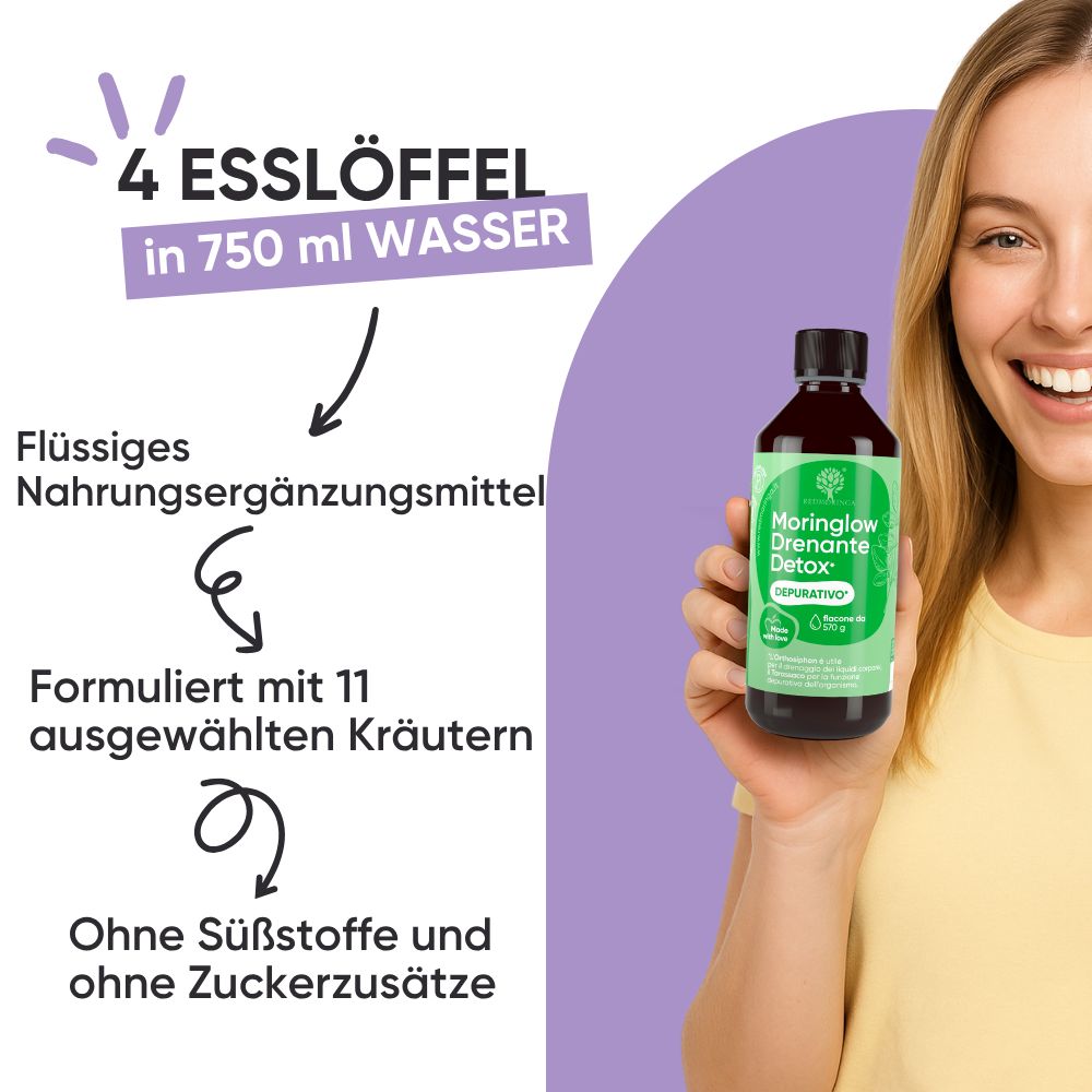 Flasche des Nahrungsergänzungsmittels mit Nährwertangaben und Siegeln.