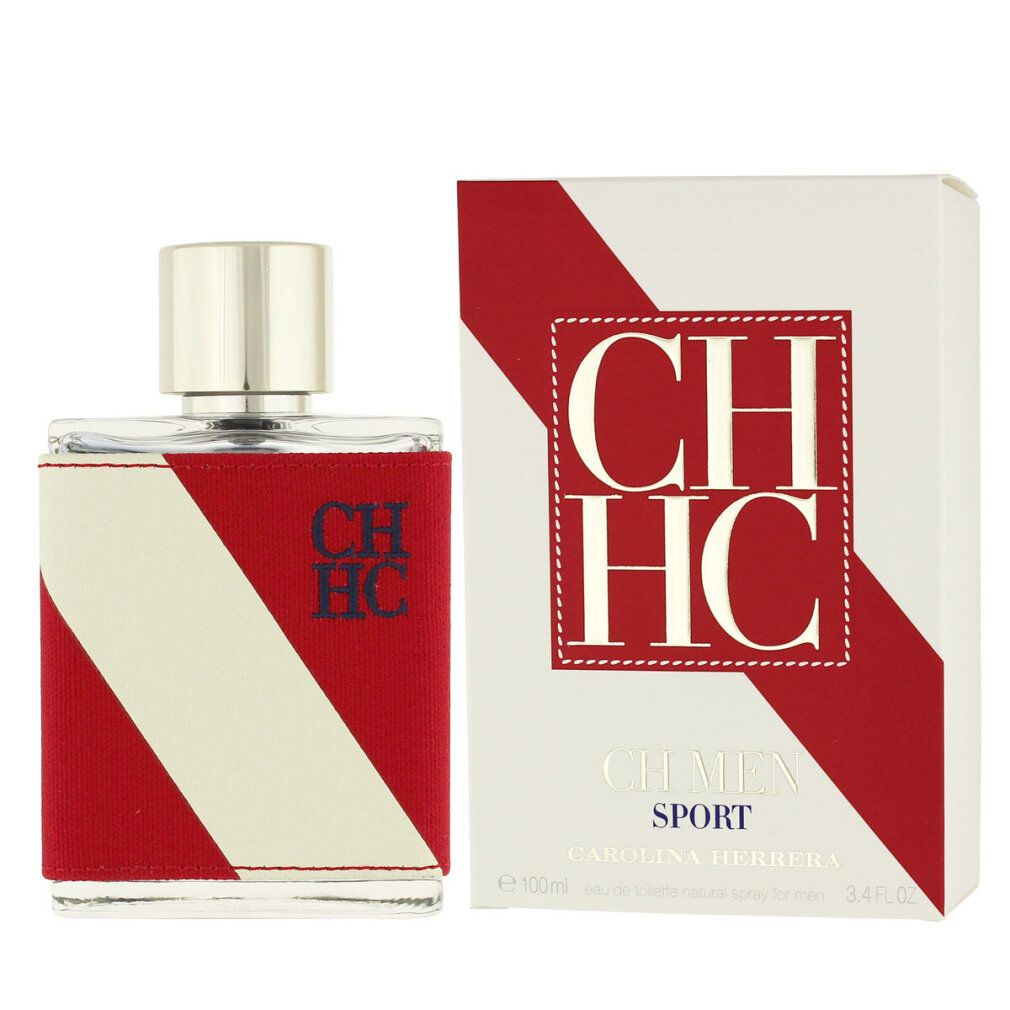 Flakon und Verpackung mit rotem und weißem Design. Aufschrift CH HC, CH Men Sport und Carolina Herrera.