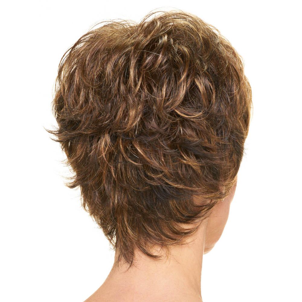 Kurzhaarperücke mit braunen und blonden Strähnen. Rückansicht.