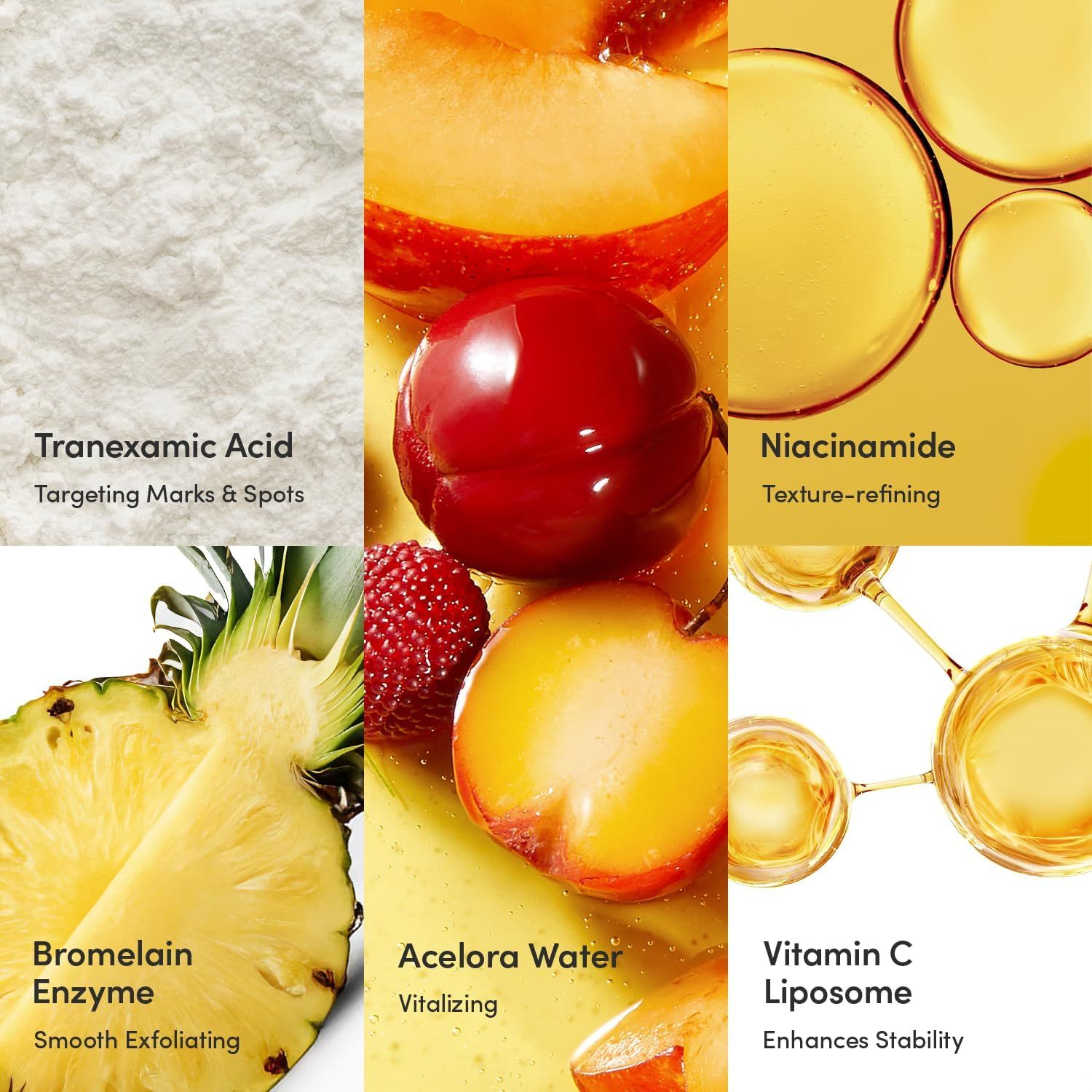Inhaltsstoffe: Tranexamsäure, Niacinamid, Bromelain-Enzym, Acerola-Wasser, Vitamin C Liposom. Text und Abbildungen von Früchten.