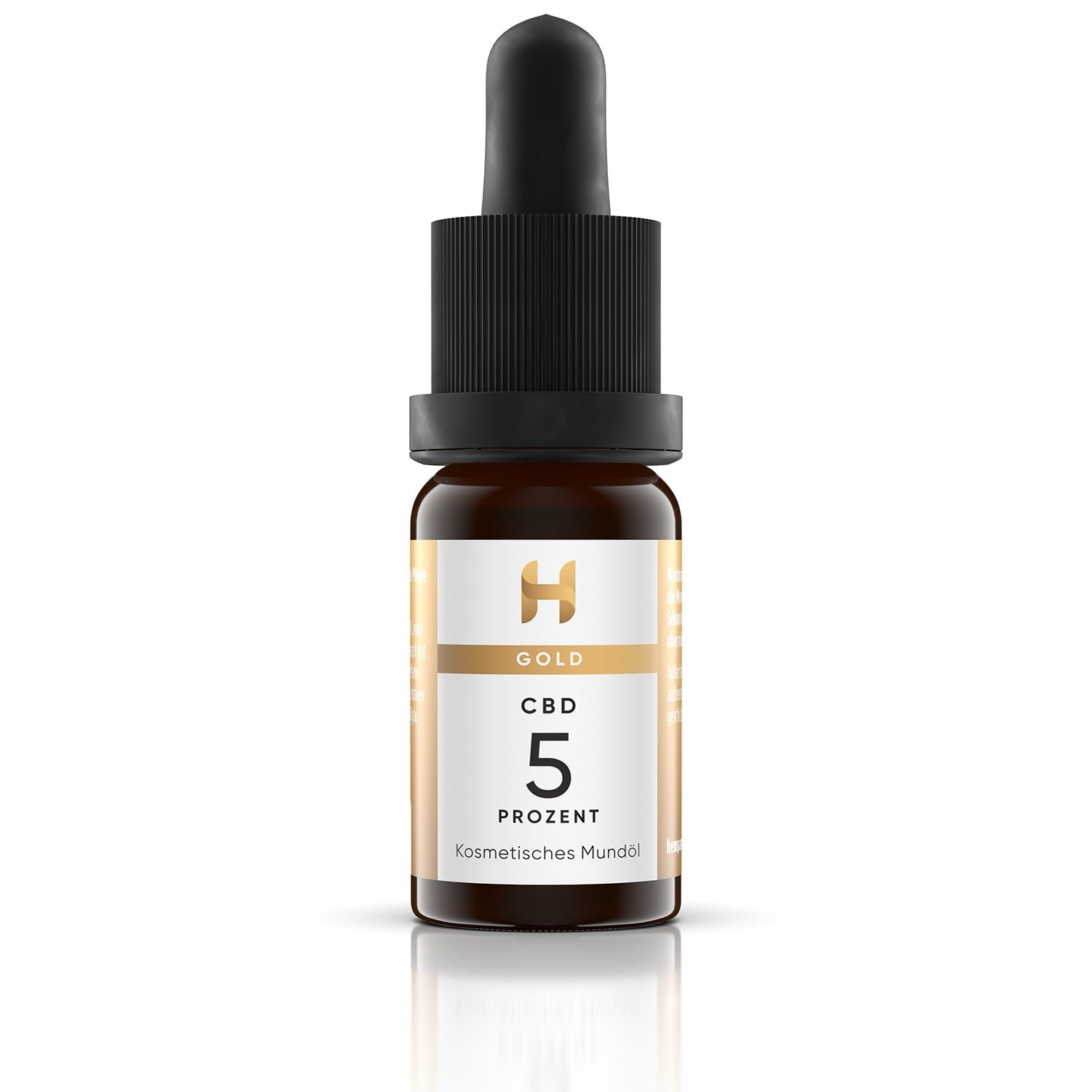 Hempamed Gold CBD 5 % Öl-Flasche mit Tropfer. Braune Glasflasche mit schwarzem Verschluss und weißem Etikett.