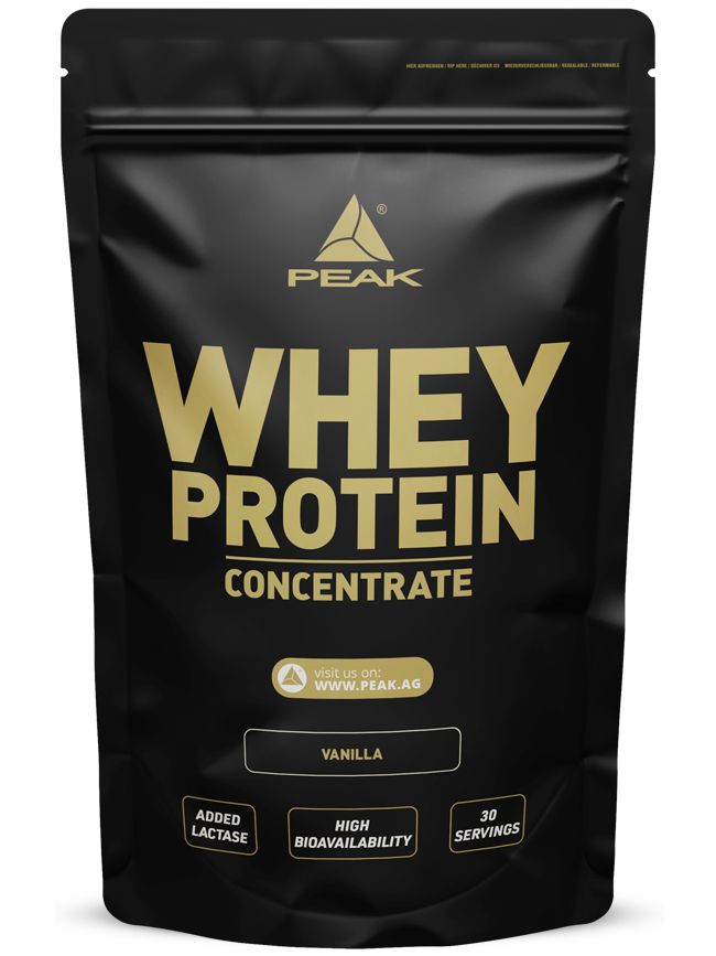 Schwarze PEAK Whey Protein Concentrate-Verpackung. Goldener Schriftzug. Enthält Informationen zu Vanillegeschmack, Laktase, Bioverfügbarkeit und 30 Portionen.