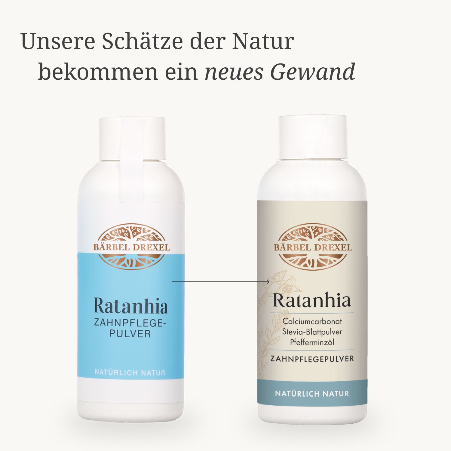 Zwei Flaschen Ratanhia Zahnpflegepulver. Eine mit blauem, eine mit beigem Etikett. Text: Bärbel Drexel, natürlich Natur.