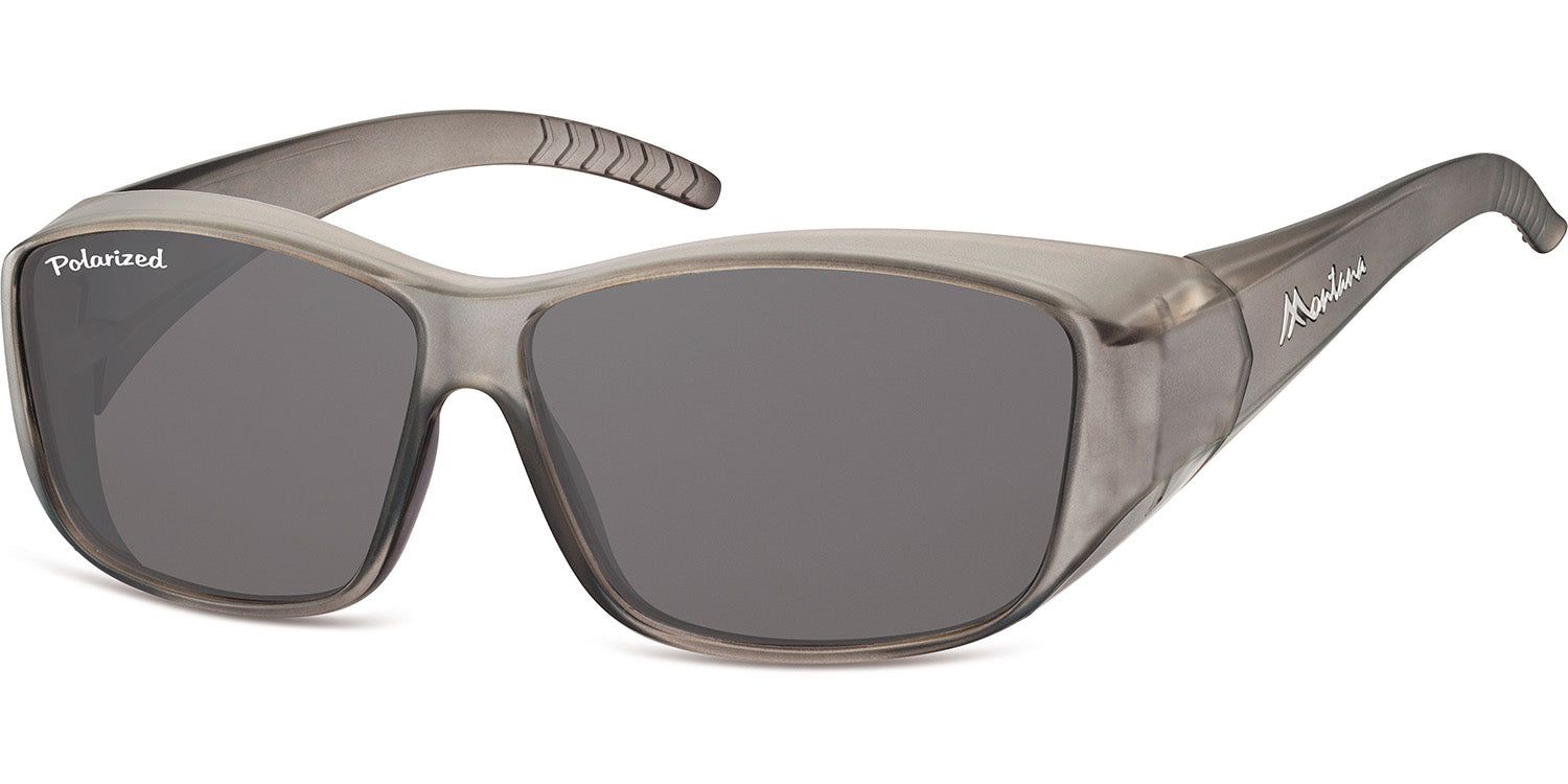 Graue Sonnen-Überbrille. Rechteckige Gläser, grauer Rahmen. "Polarized" und "Montana" Schriftzug.