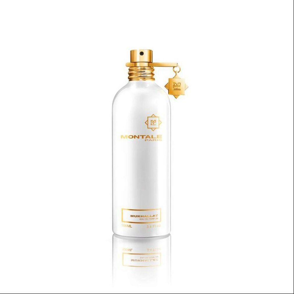 Weiße Parfumflasche mit goldenen Akzenten. Aufschrift: Montale Paris, Mukhallat Eau de Parfum.