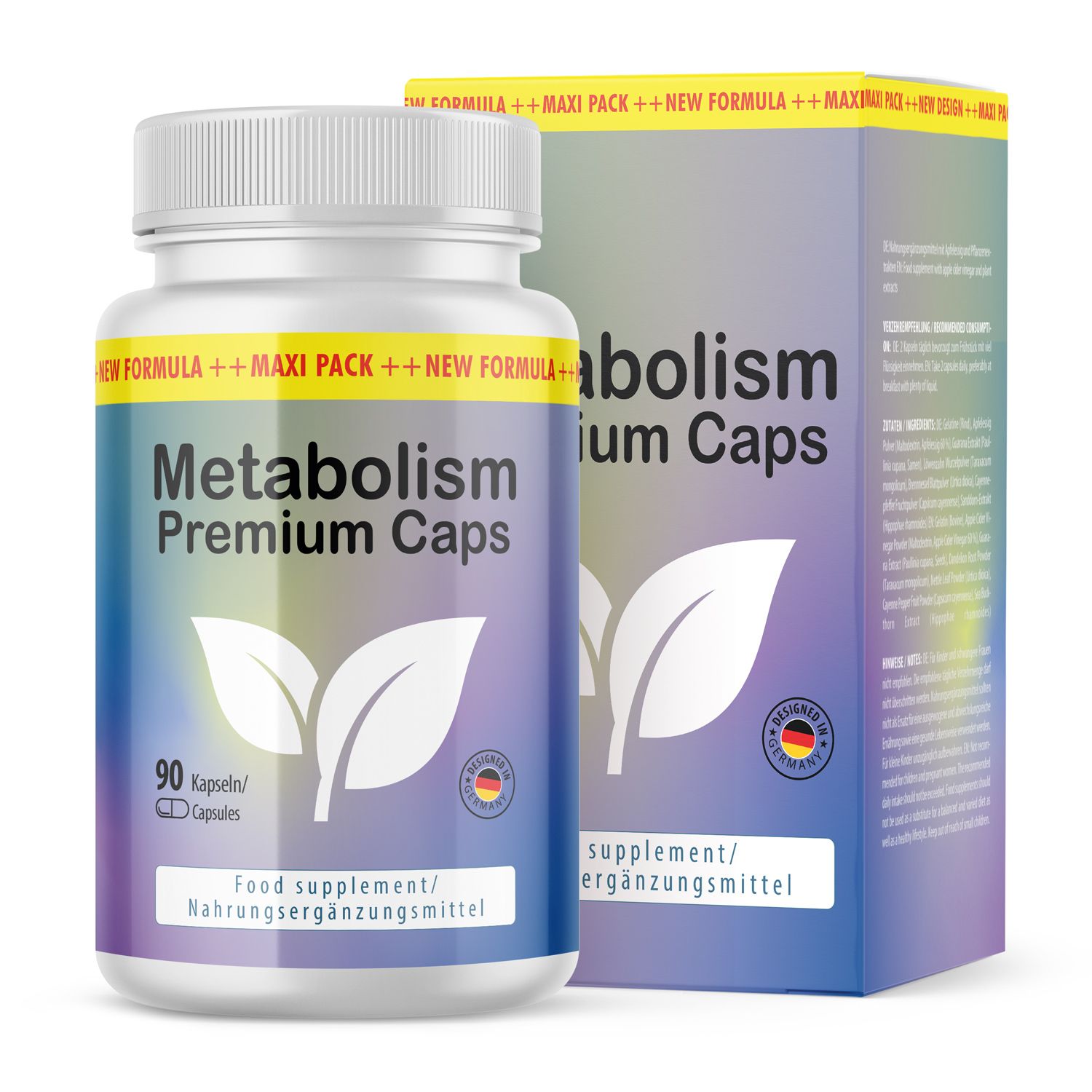 Flasche und Schachtel mit Kapseln. Aufschrift: Metabolism Premium Caps, 90 Kapseln. Mit Blättern und Deutschland-Flagge.