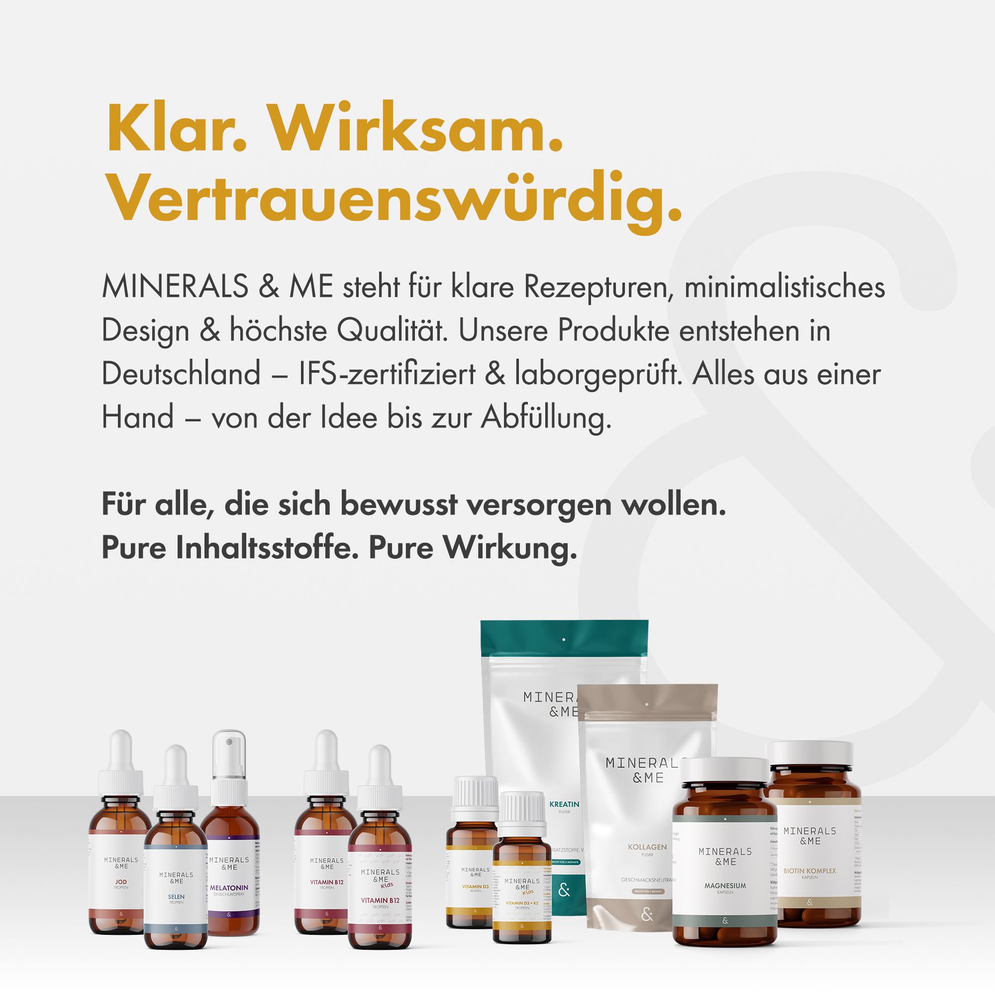 Produktübersicht MINERALS & ME Kids: Tropfenflaschen, Sprühflaschen und Pulver.