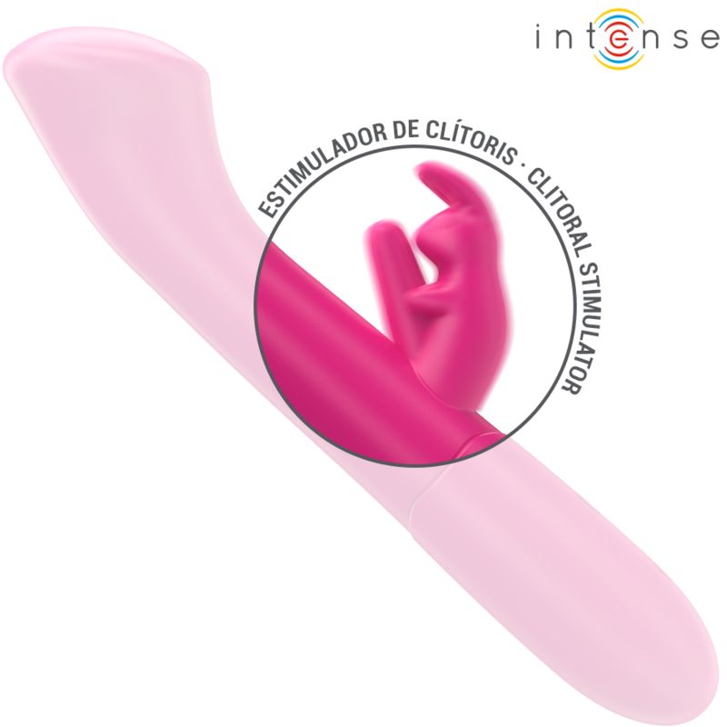 Pinkfarbener Vibrator mit Hasenohren-Aufsatz. Clitorale Stimulation. Marke: Intense.