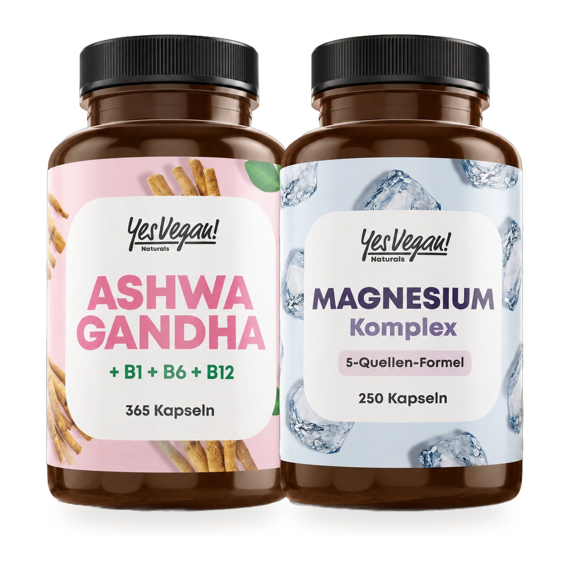 Drei Yes Vegan! Produkte: Ashwagandha (365 Kapseln), Hbalance9 (120 Kapseln) und Magnesium Komplex (250 Kapseln).