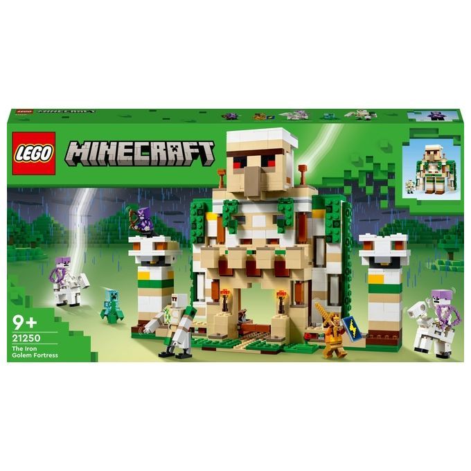 LEGO Minecraft Set. Verpackung mit Golem-Festung, Figuren und Logo. Altersempfehlung 9+. Grün-weißes Design.