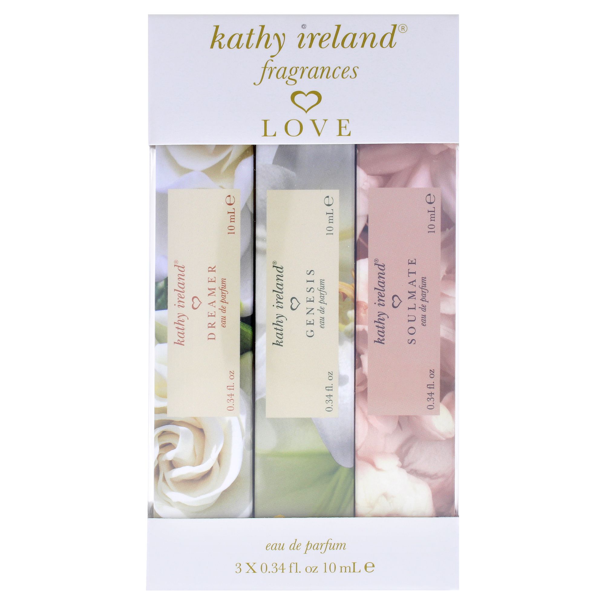 Set mit drei 10 ml Eau de Parfum Flaschen von Kathy Ireland: Dreamer, Genesis, Soulmate.
