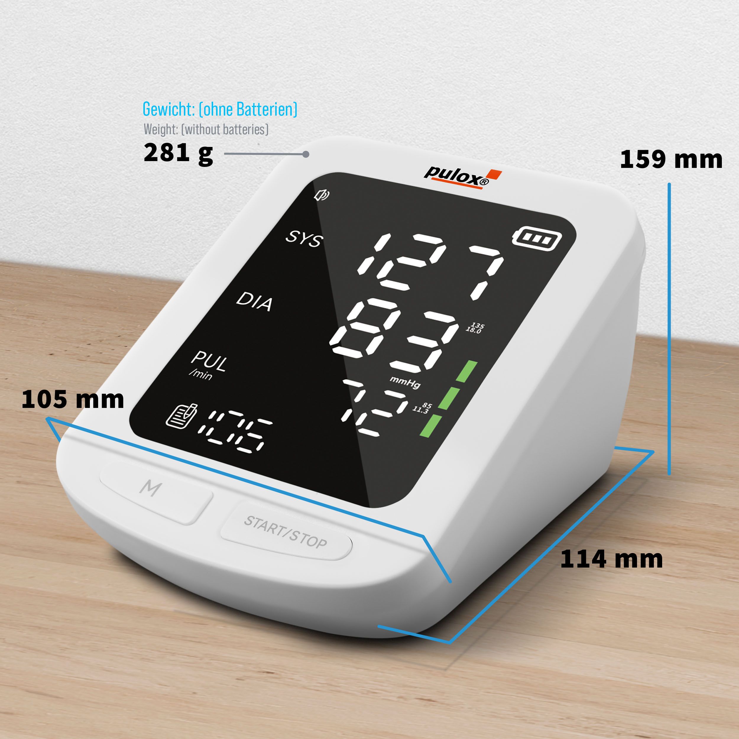 Blutdruckmessgerät pulox mit Digitalanzeige. Messwerte: SYS, DIA, PUL. Abmessungen: 105x114x159 mm. Gewicht: 281g.