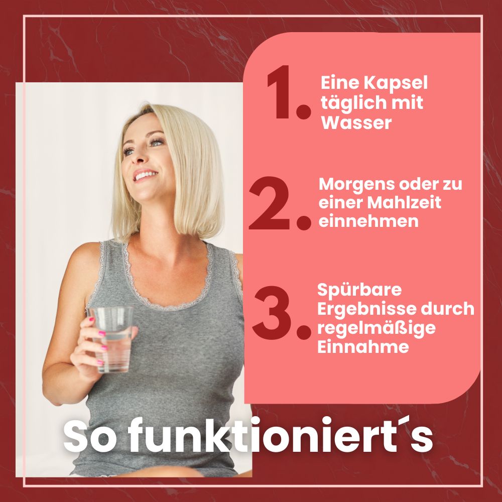 Frau trinkt Wasser. Text: 1 Kapsel täglich mit Wasser, morgens oder zu einer Mahlzeit einnehmen, spürbare Ergebnisse durch regelmäßige Einnahme.