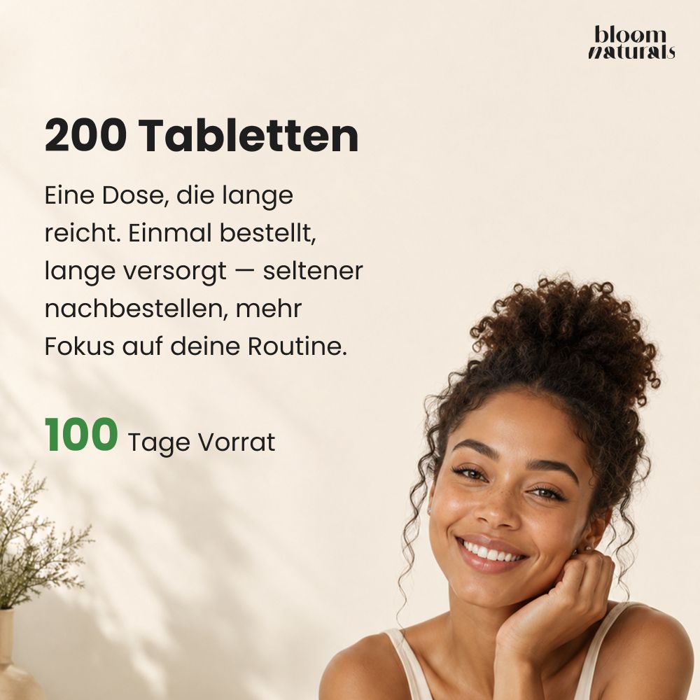 200 Tabletten Bloom Naturals Calcium: 100 Tage Vorrat für Ihre Routine.