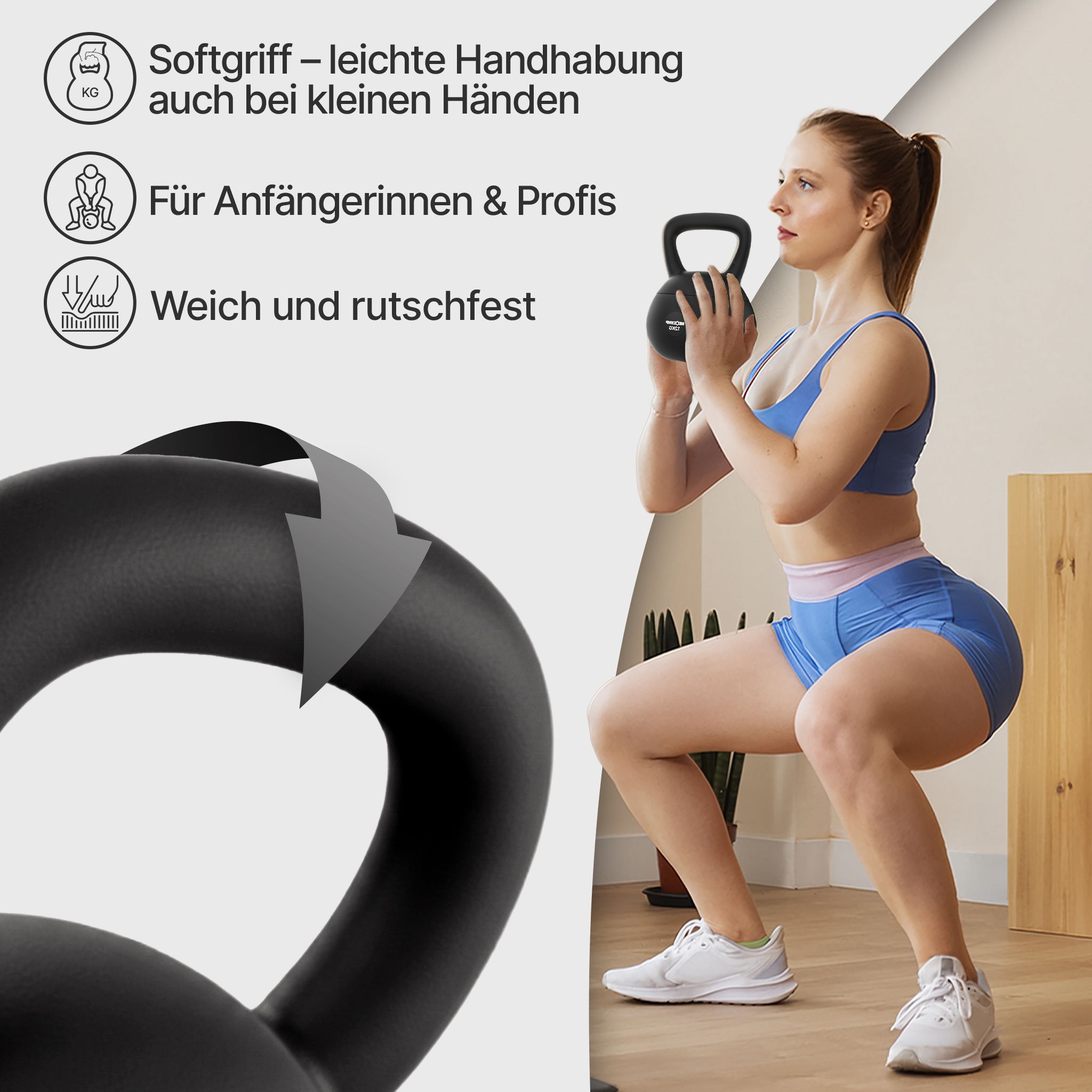 Frau trainiert mit NEOLYMP Kettlebell 12kg. Softgriff, für Anfängerinnen & Profis, weich und rutschfest.