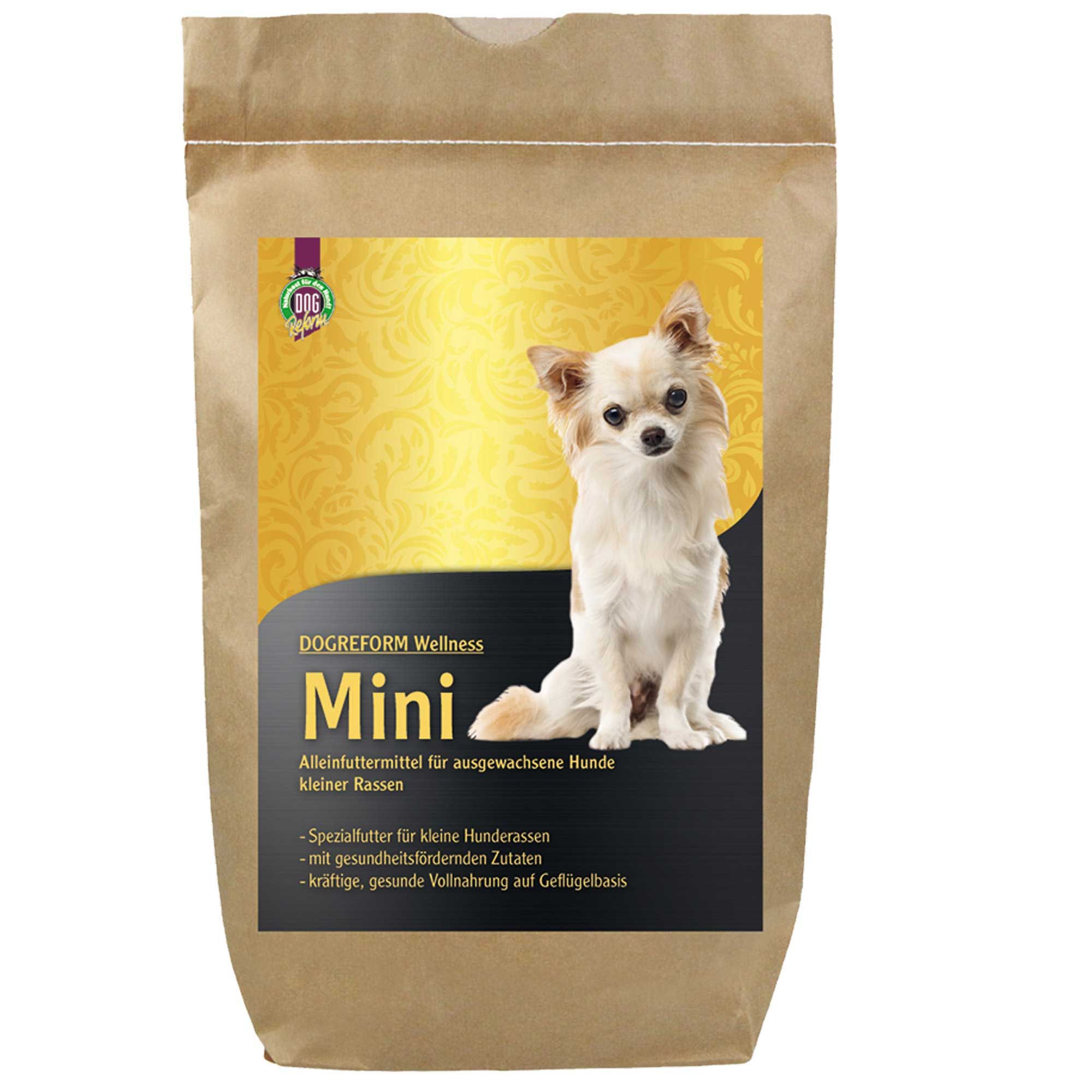 Schecker DOGREFORM Wellness Mini Trockenfutter. Braune Papiertüte mit Produktetikett und Hundefoto. Text: Mini, Wellness, Alleinfuttermittel.