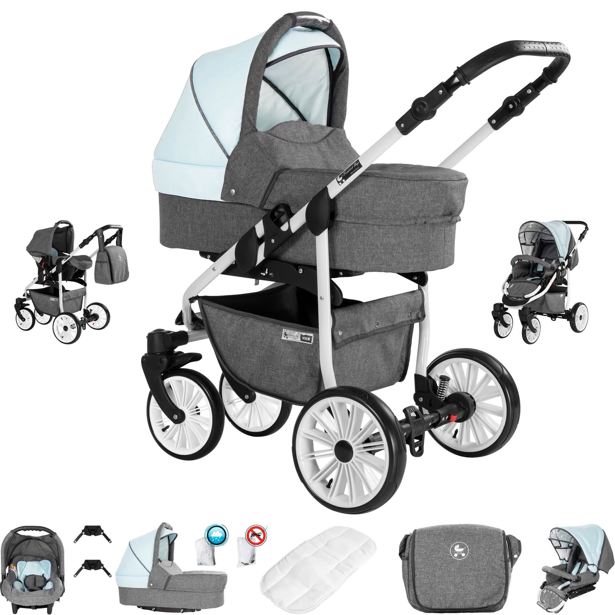 Friedrich Hugo Berlin 3 in 1 Kinderwagen Set Luftreifen, Grey and Light Blue Day