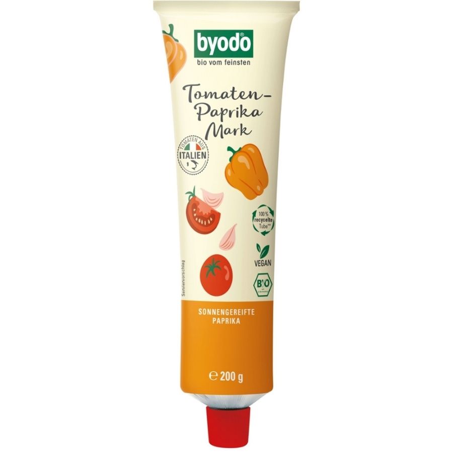 Tube mit Tomaten-Paprika Mark. Schriftzug 'BYODO'. Italien-Siegel, Bio-Siegel, vegan. Aufdruck 'Sonnengereifte Paprika'.