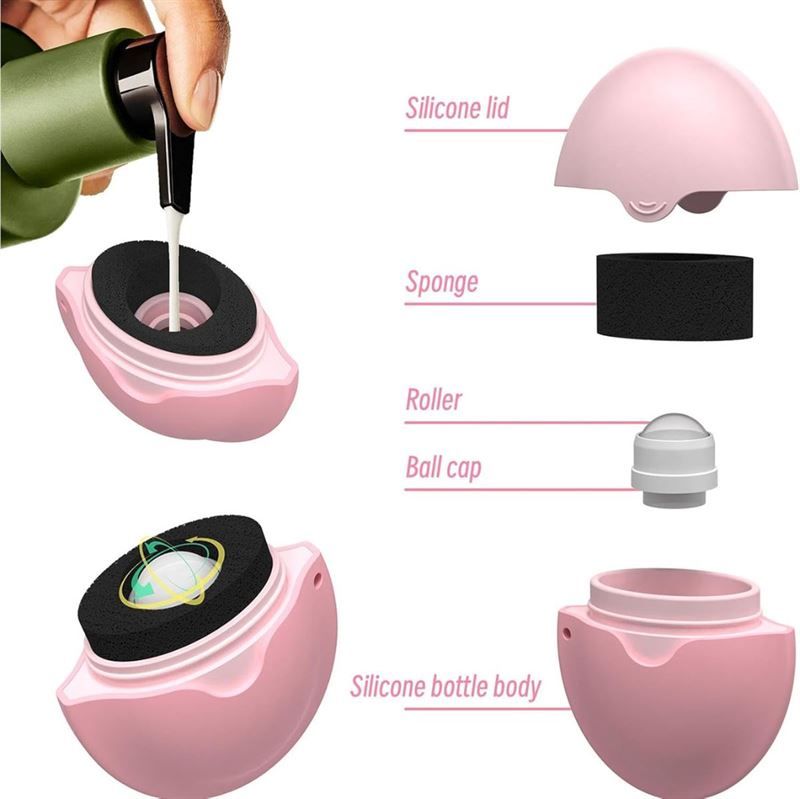 Explosionszeichnung eines rosa Applikators. Einzelteile: Deckel, Schwamm, Kugel, Gehäuse. Beschriftung: Silicone lid, Sponge, Roller, Ball cap, Silicone bottle body.