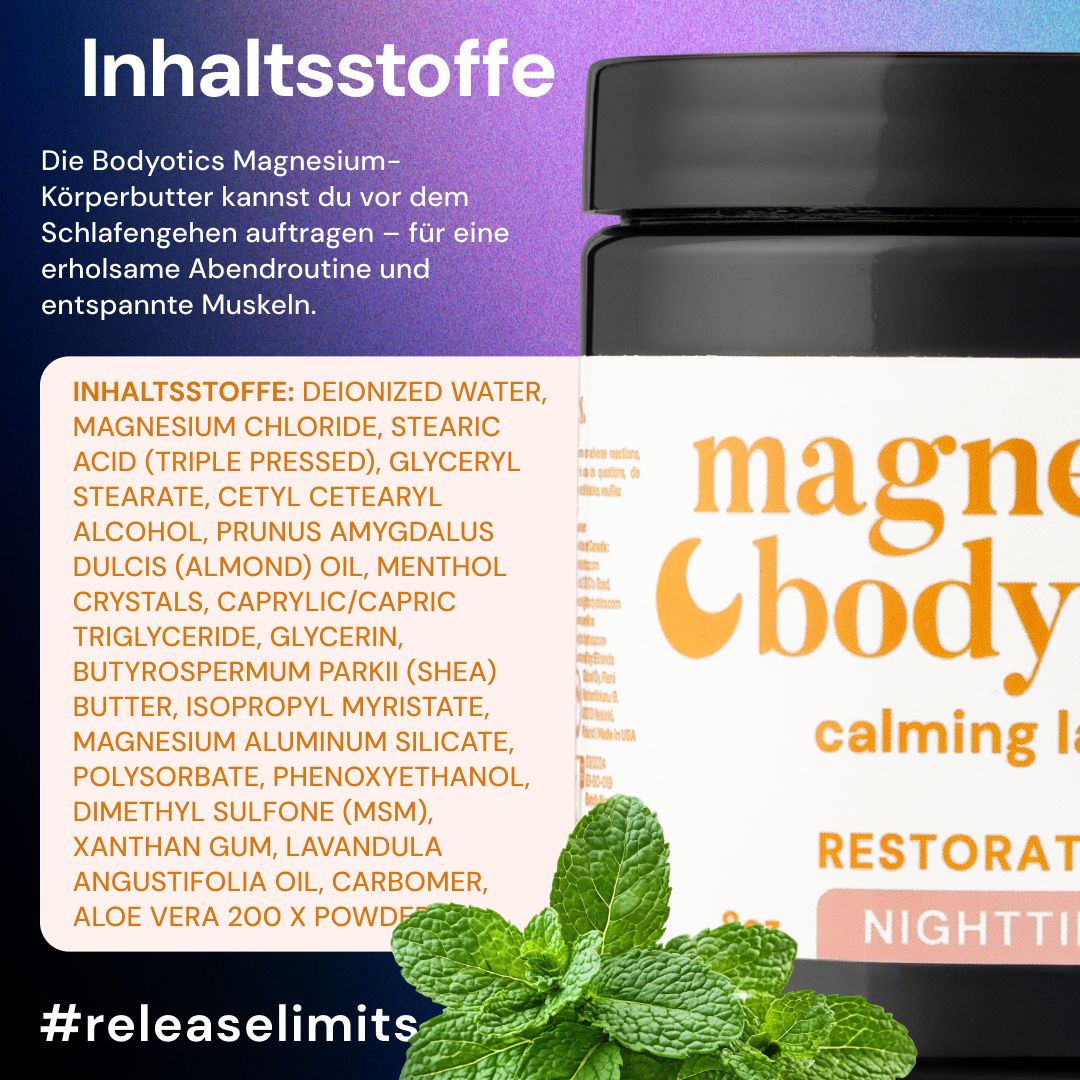 Inhaltsstoffe der Bodyotics Magnesium Körperbutter, mit Lavendel.