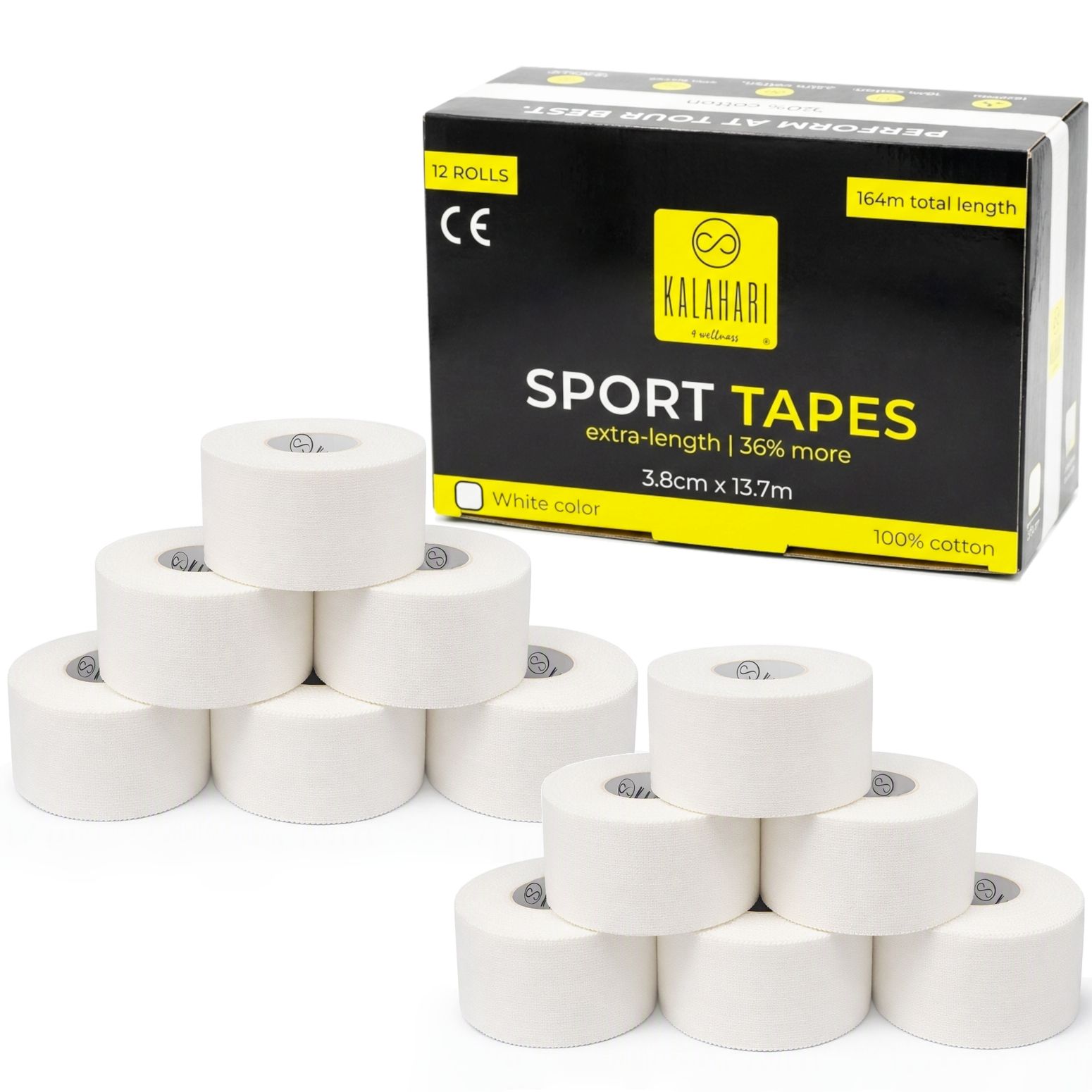 Zwölf weiße Sporttape-Rollen aus 100% Baumwolle, verpackt in einer schwarzen Box.