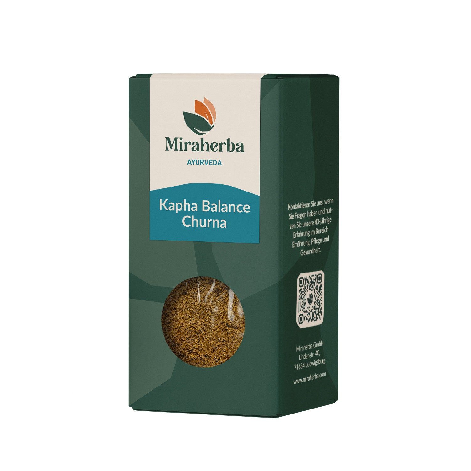Miraherba Bio Kapha Balance Churna Verpackung mit Sichtfenster, das das Pulver zeigt.