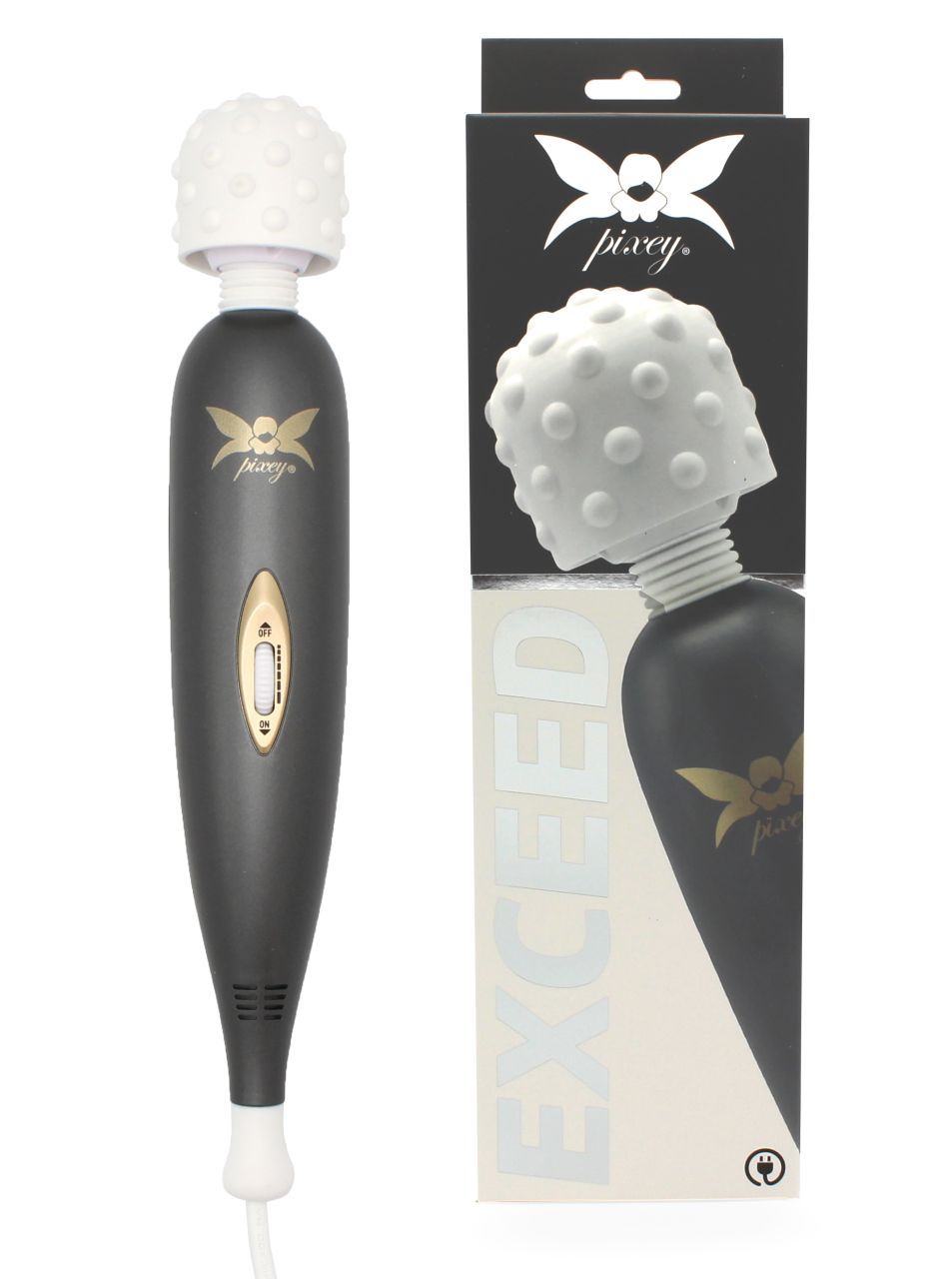 Dunkelgrauer Massagestab mit weißem, strukturiertem Kopf und Verpackung. Goldfarbener Schalter und Logo. Text: EXCEED.