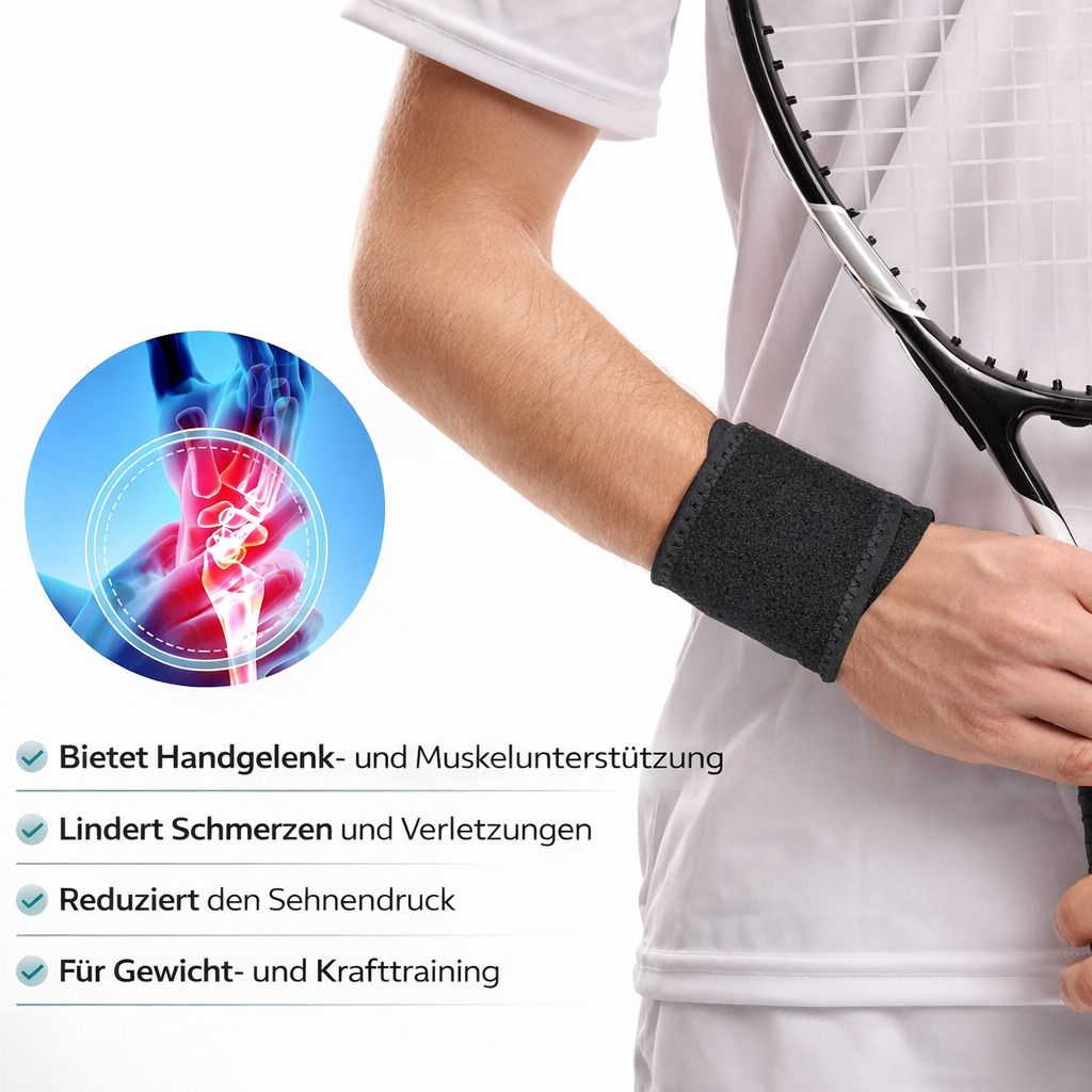 Handgelenkbandage am Handgelenk einer Person mit Tennisschläger. Text: Bietet Handgelenk- und Muskelunterstützung, lindert Schmerzen.