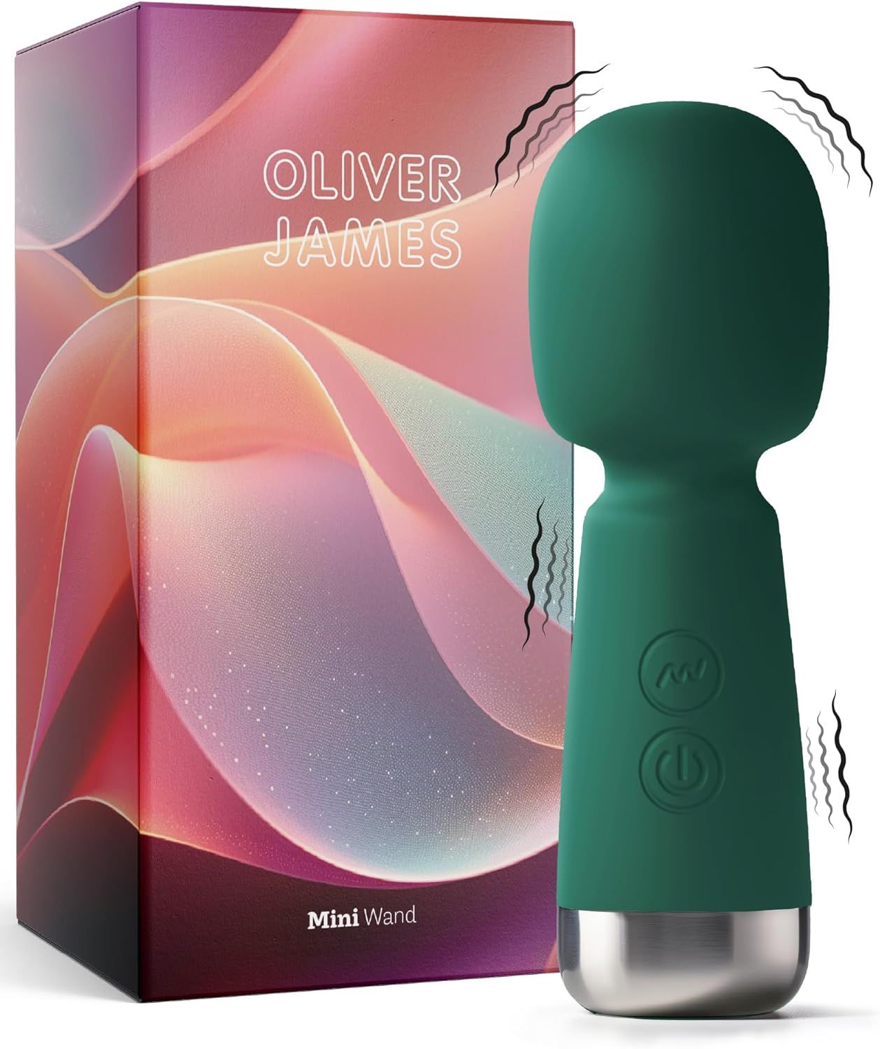Oliver James Bullet Mini Vibrator in Grün mit silbernem Sockel und Ladeanschluss. Verpackung mit Wellenmuster.