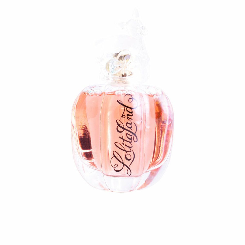 Lolita Lempicka Lolitaland Eau De Parfum Spray. Flakon in Kürbisform. Rosa Flüssigkeit. Text: Lolitaland. Transparenter Verschluss.