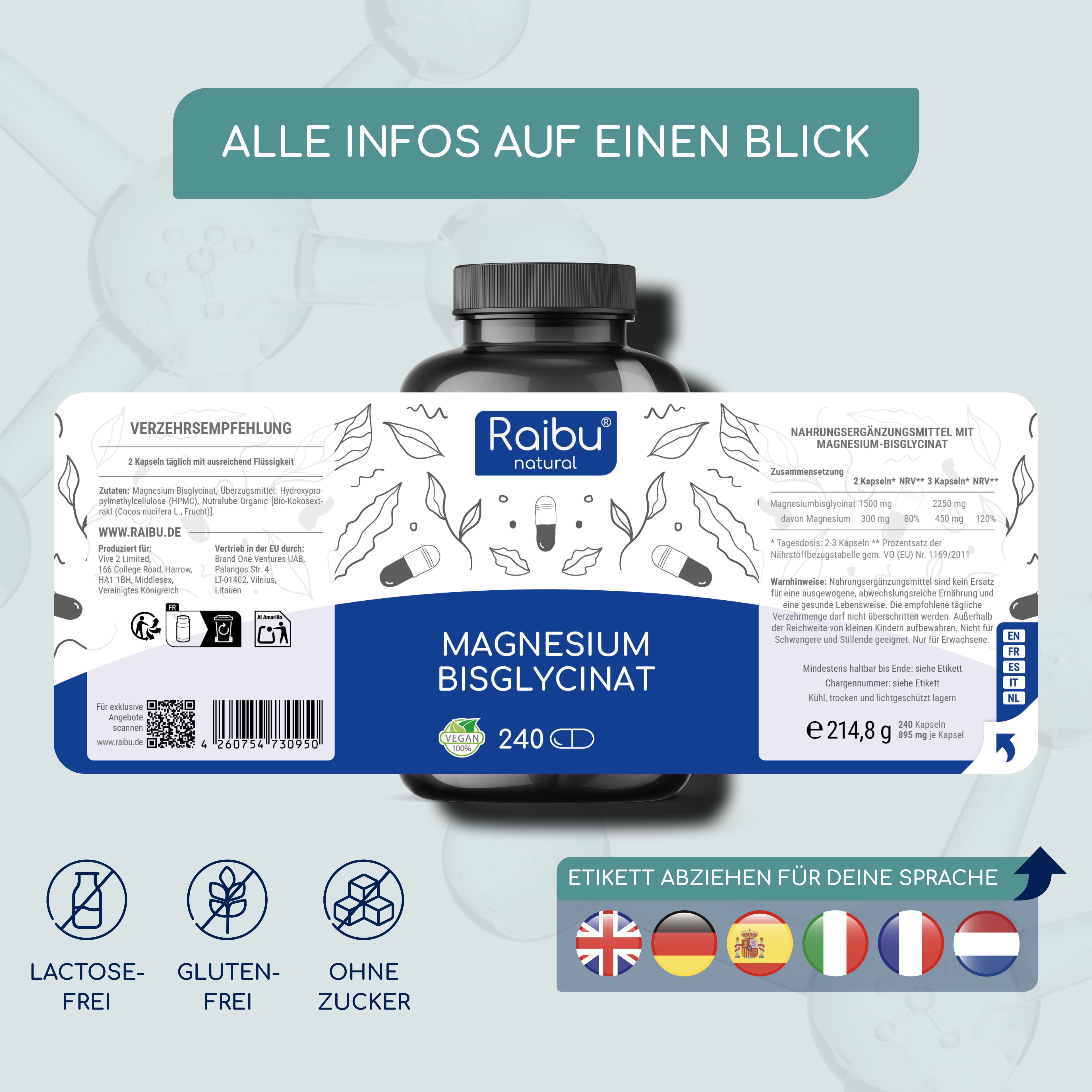 Flasche mit Magnesiumbisglycinat. Etikett mit Produktinformationen. Ohne Laktose, Gluten, Zucker.