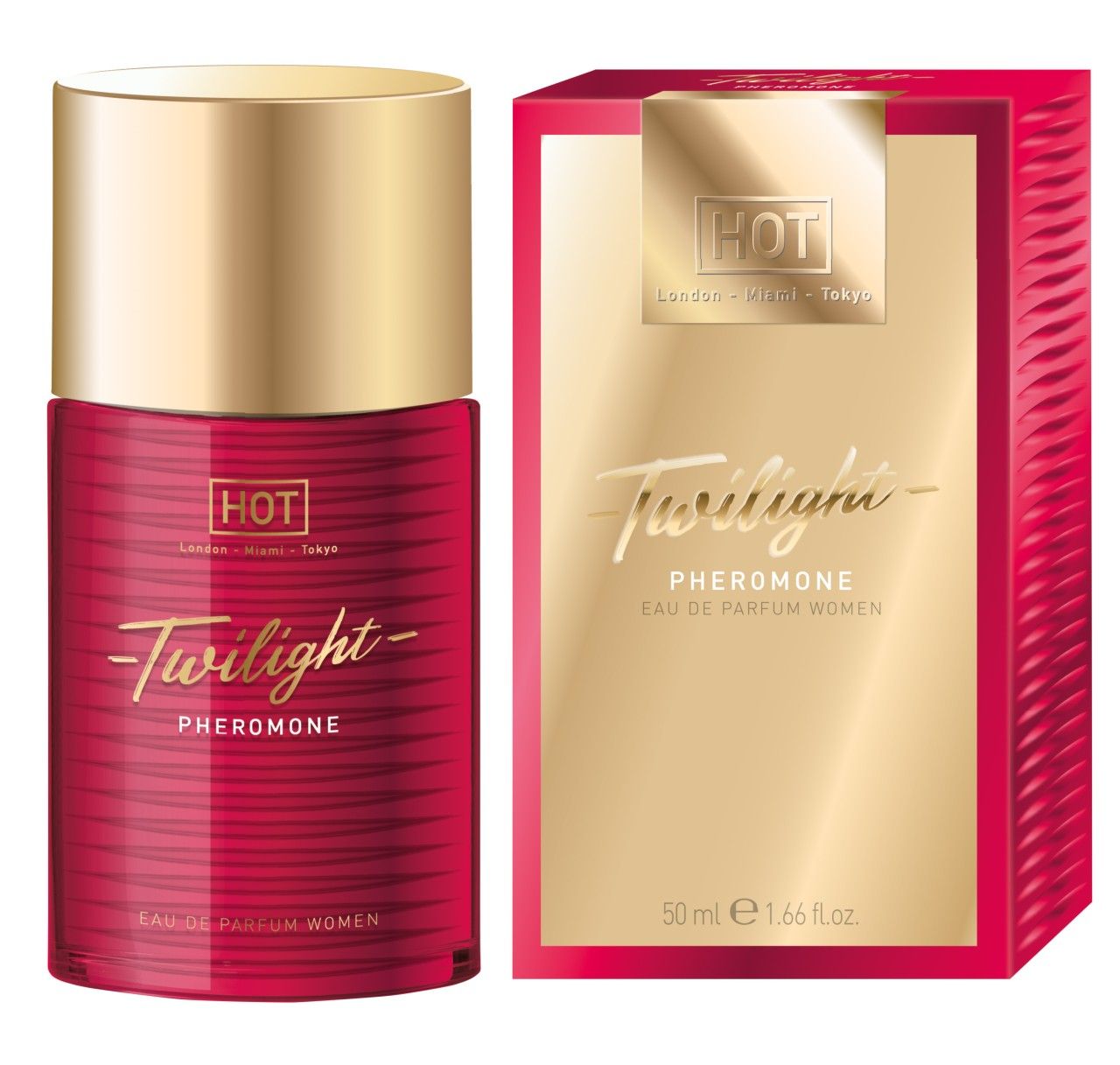 Roter Flakon und Verpackung. Flakon mit goldener Kappe. Text: Twilight Pheromone Eau de Parfum Women. Logo HOT. 50 ml.