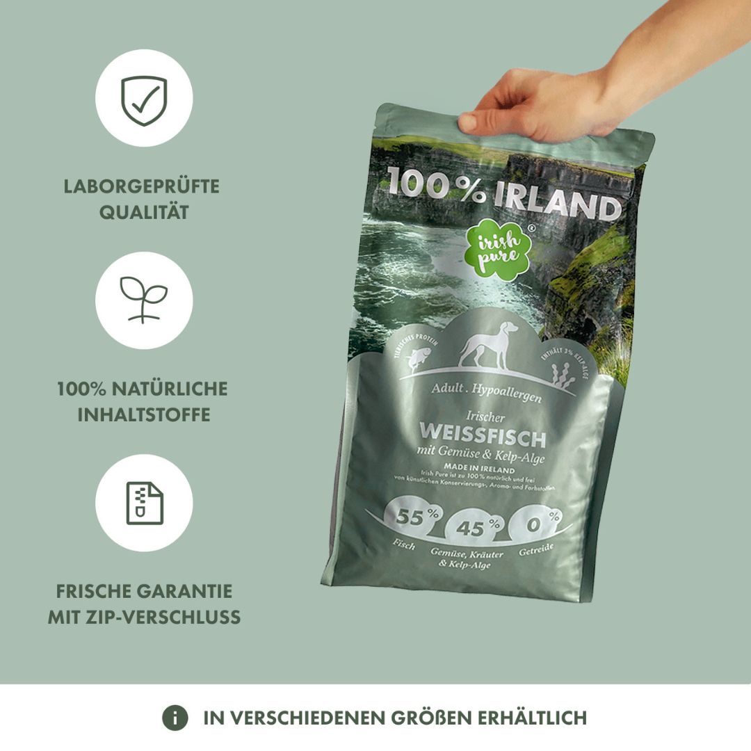 Vorteile Irish Pure Hundefutter: >65% Fleischanteil, getreidefrei, Freilandhaltung, keine Füllstoffe.