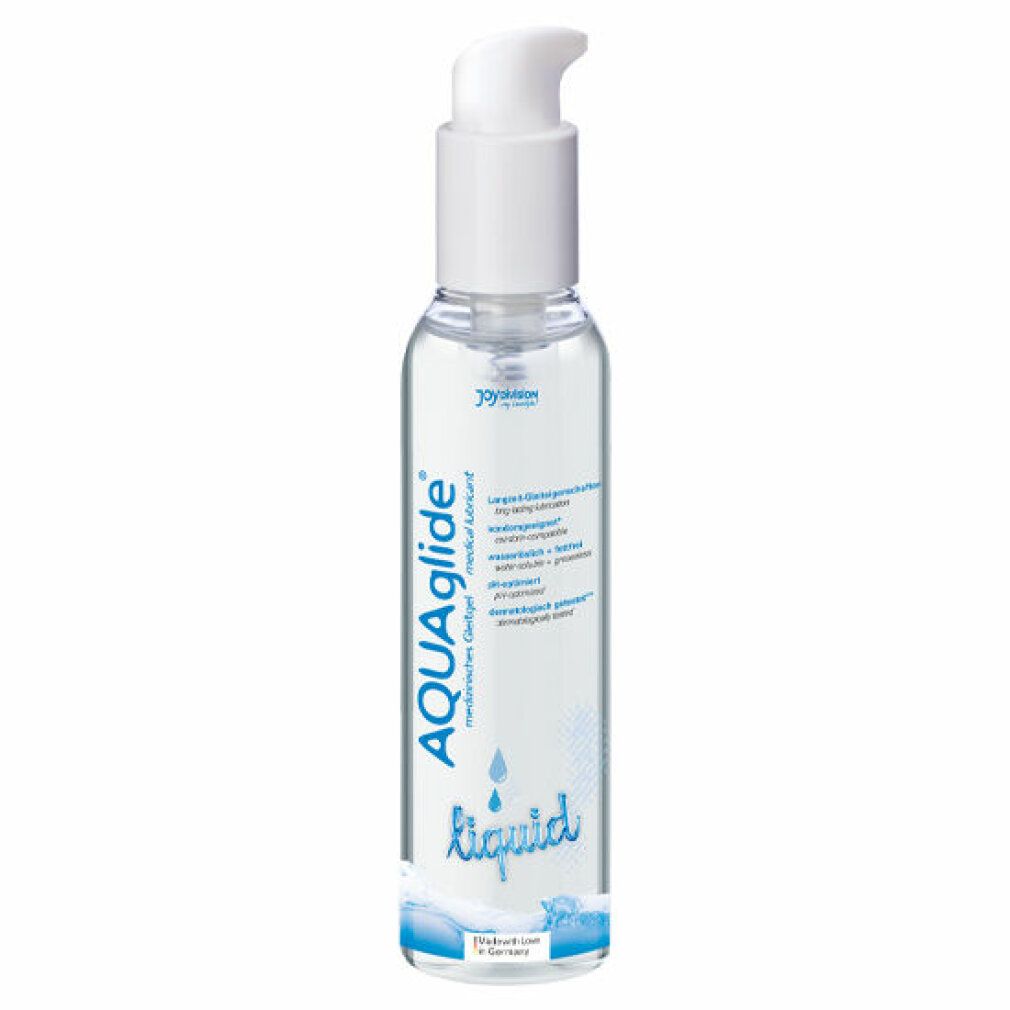 Transparente Flüssigkeit in Flasche mit Dosierpumpe. Aufschrift AQUAglide, medizinisches Gleitgel. Liquid.