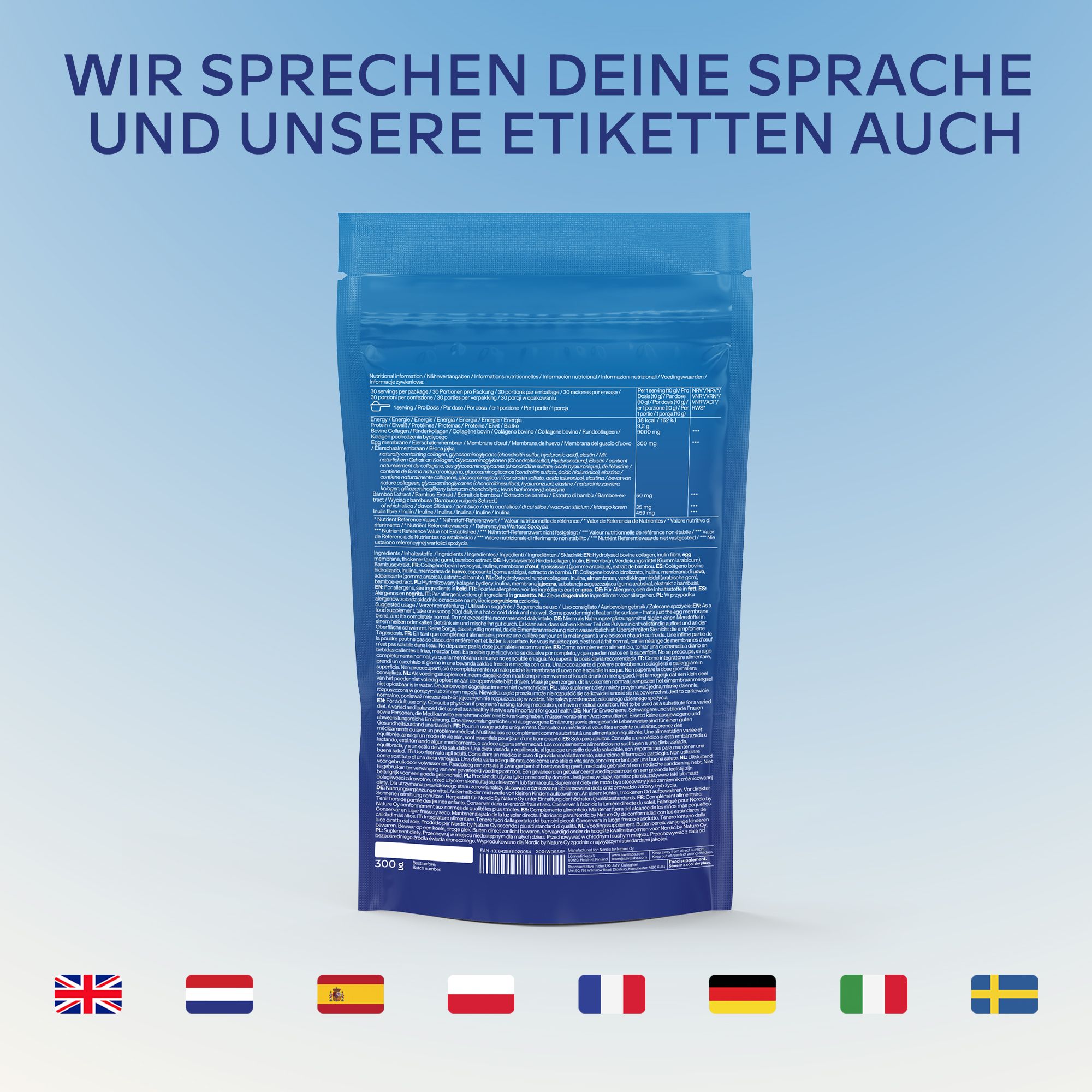 Rückseite der blauen Beutelverpackung mit Kollagenpulver. Mehrere Flaggen unten.