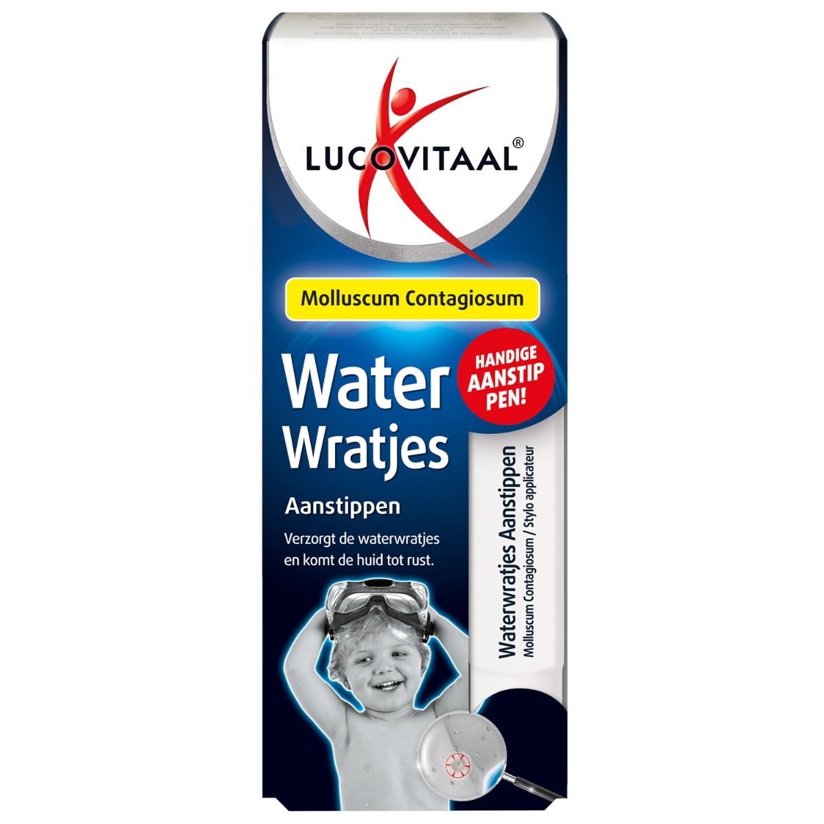 Emballage de Lucovitaal Water Wratjes Aanistip Pen. Contient un stylo et du texte. Inscription : Molluscum Contagiosum.