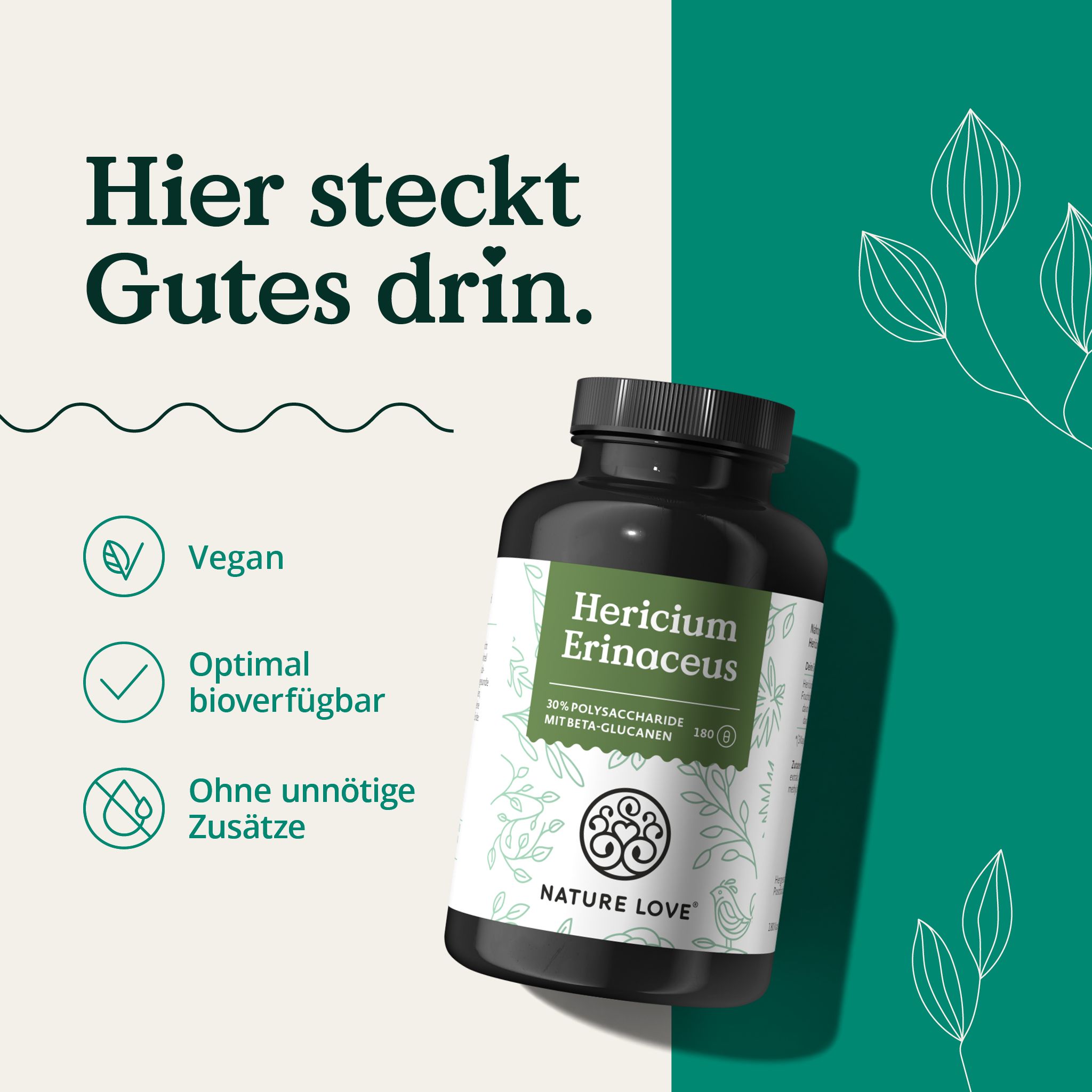 Schwarze Flasche mit weißem Etikett. Text: Hericium Erinaceus, vegan, optimal bioverfügbar, ohne Zusätze. Marke: NATURE LOVE®.